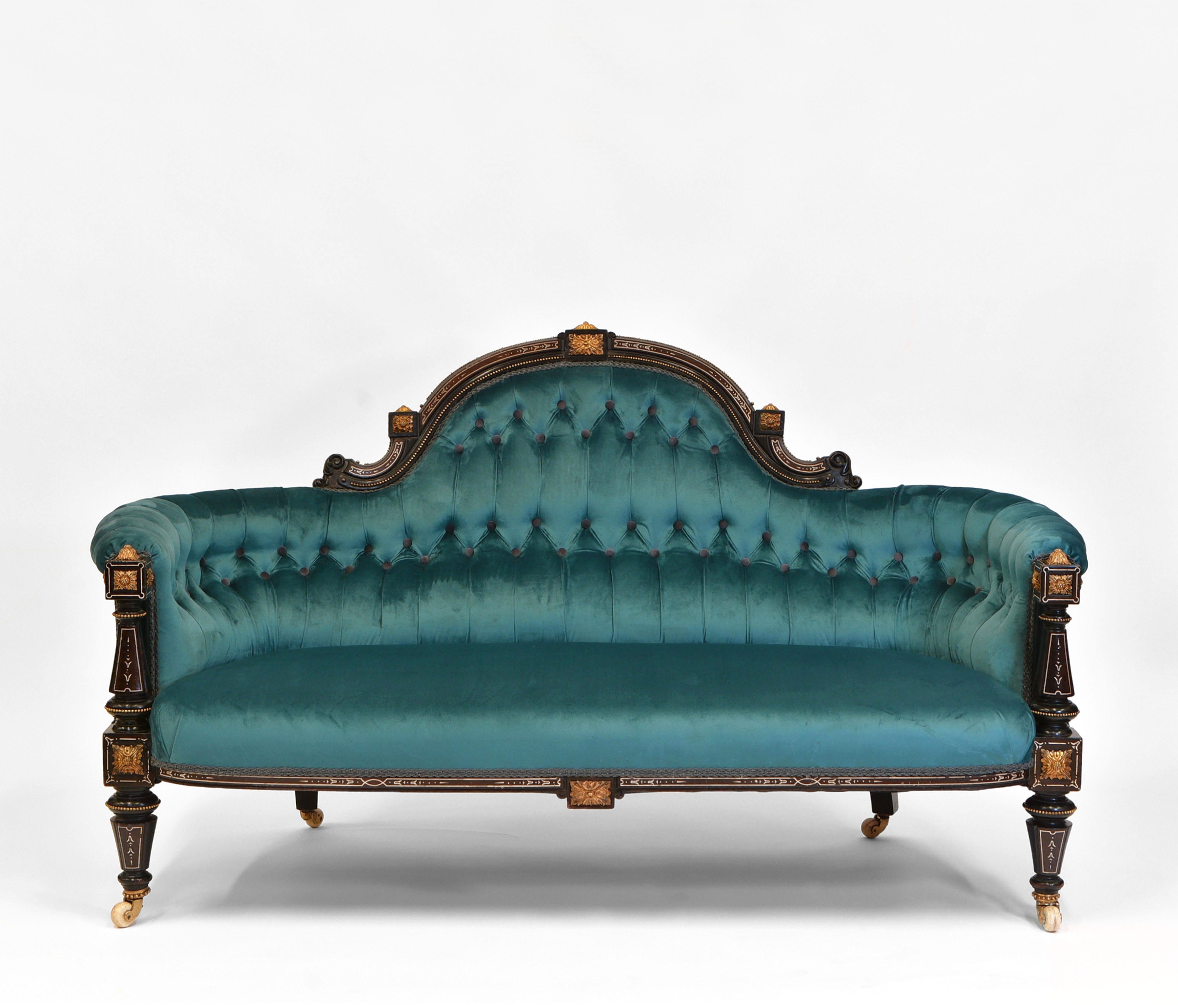 Victorian Ebonised & Gilt Bronze Mounted Velvet Button Backed Sofa Circa 1860 1