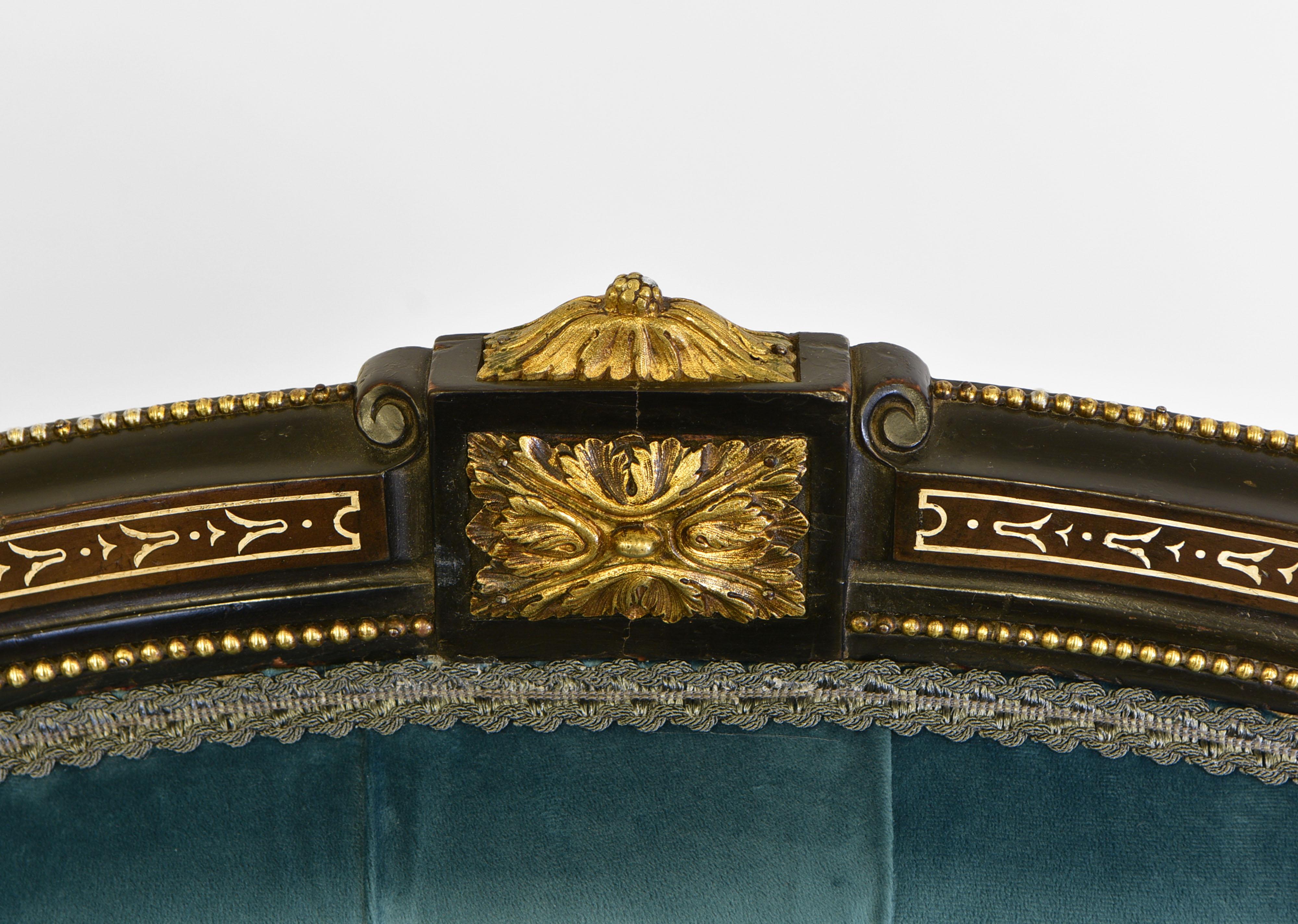 Victorian Ebonised & Gilt Bronze Mounted Velvet Button Backed Sofa Circa 1860 2