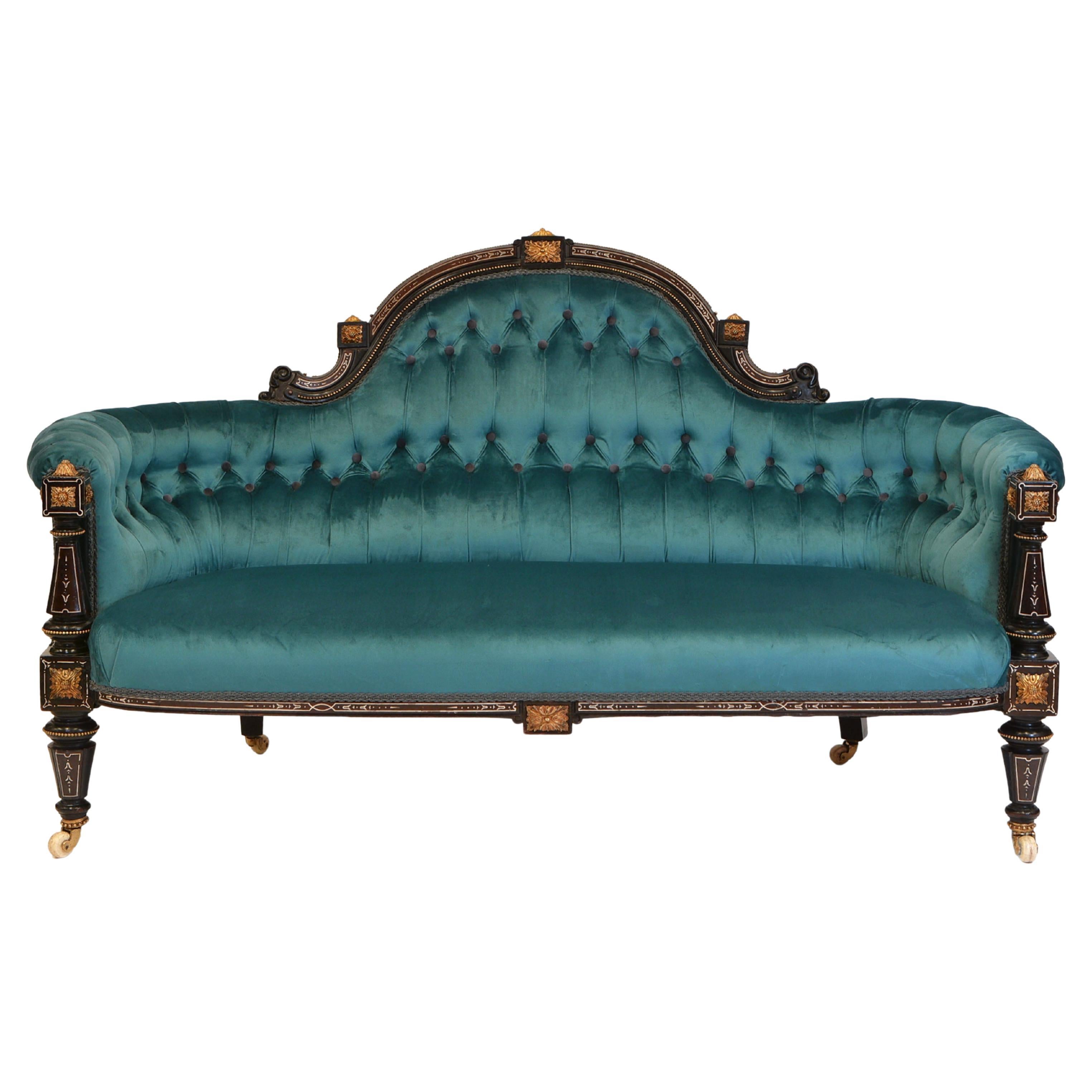Victorian Ebonised & Gilt Bronze Mounted Velvet Button Backed Sofa Circa 1860