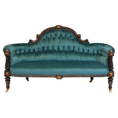 Antique Victorian Ebonised & Gilt Bronze Mounted Velvet Button Backed Sofa Circa 1860