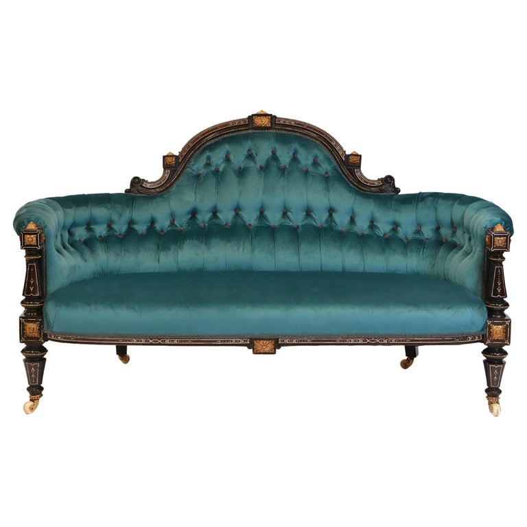 Victorian Ebonised and Gilt Bronze Mounted Velvet Button Backed Sofa