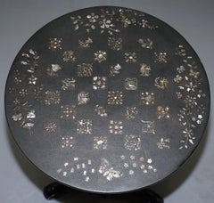 Victorian Ebonised Mother of Pearl Inlaid Tilt Top Chess Table Flowers Butterfly