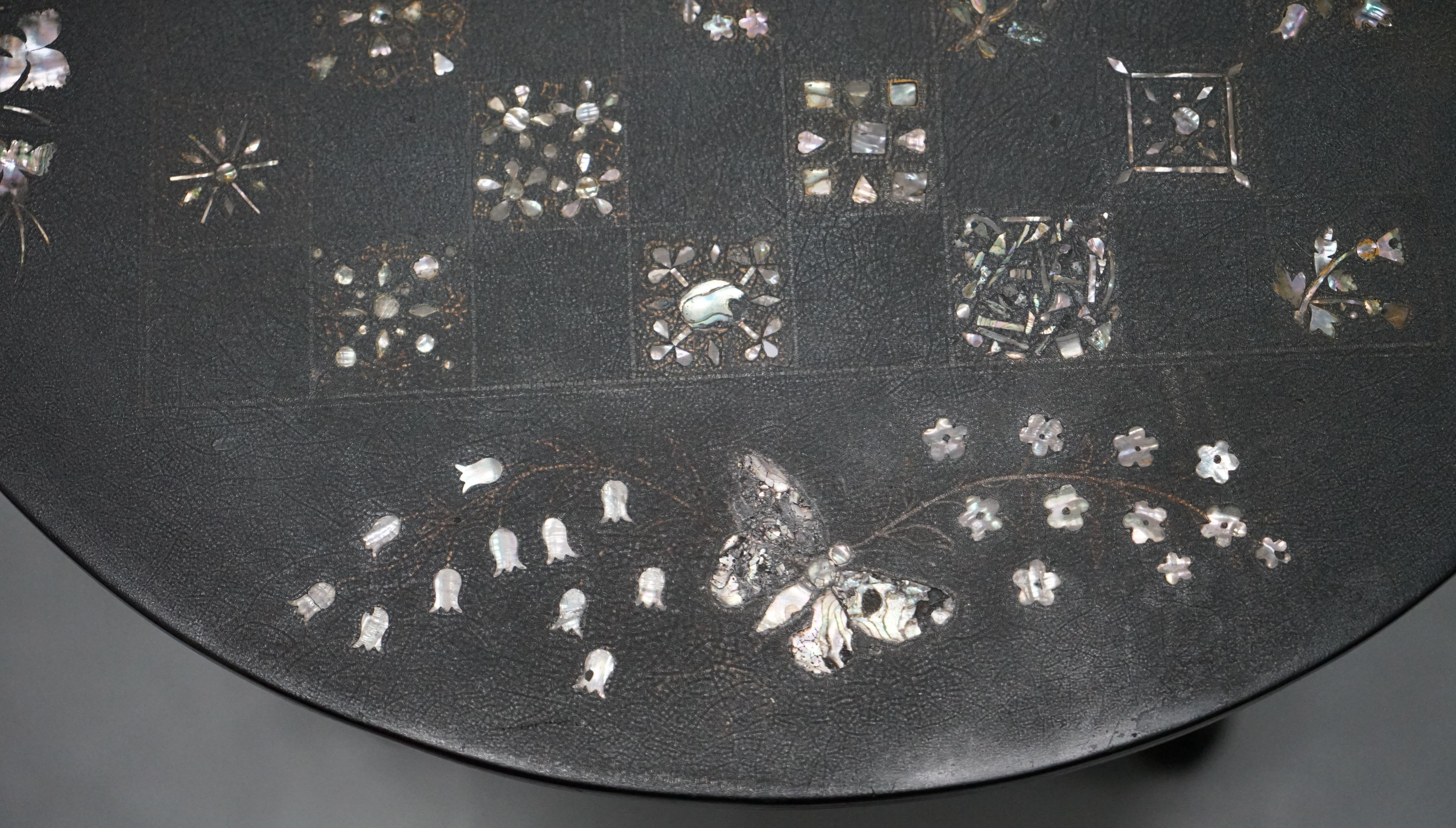 19th Century Victorian Ebonised Mother of Pearl Inlaid Tilt Top Chess Table Flowers Butterfly