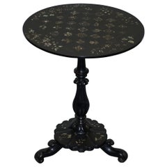 Victorian Ebonised Mother of Pearl Inlaid Tilt Top Chess Table Flowers Butterfly