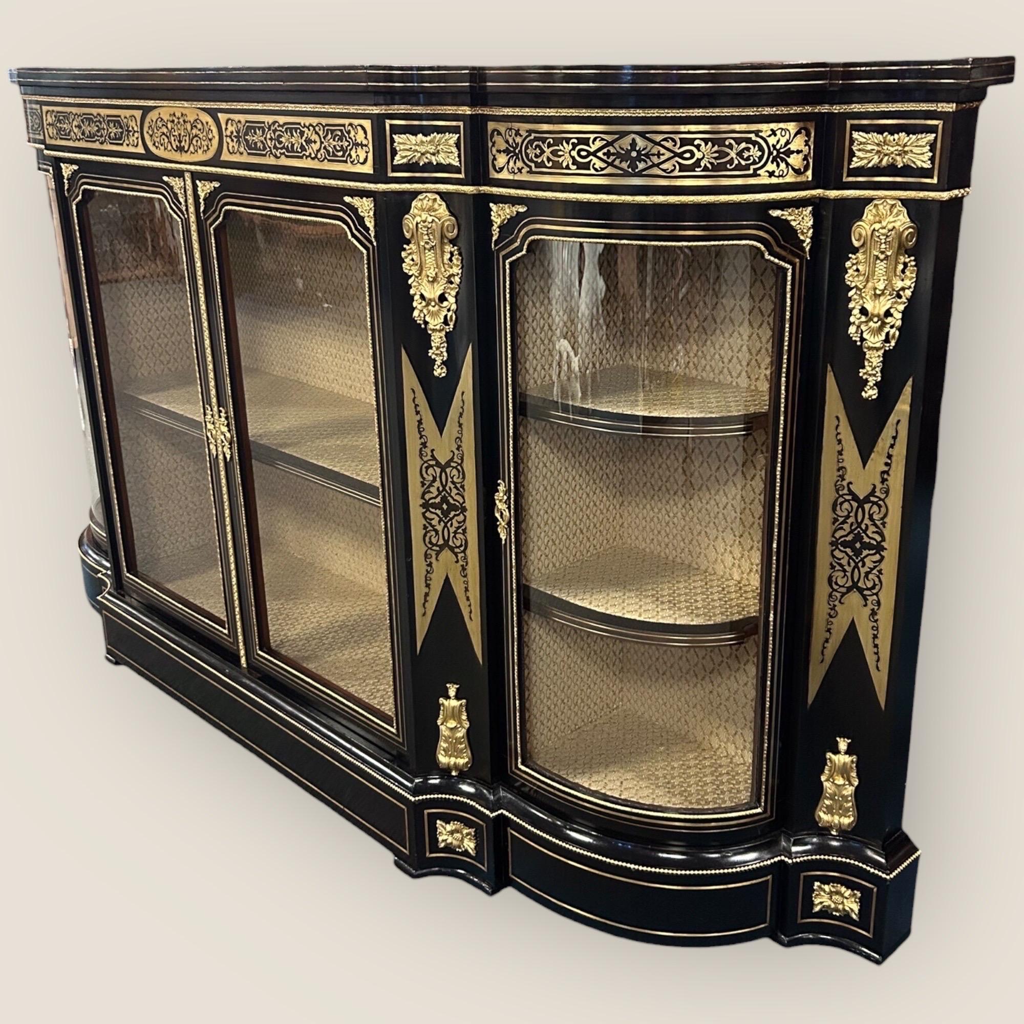 British Victorian Ebonised Serpentine Boulle Credenza For Sale