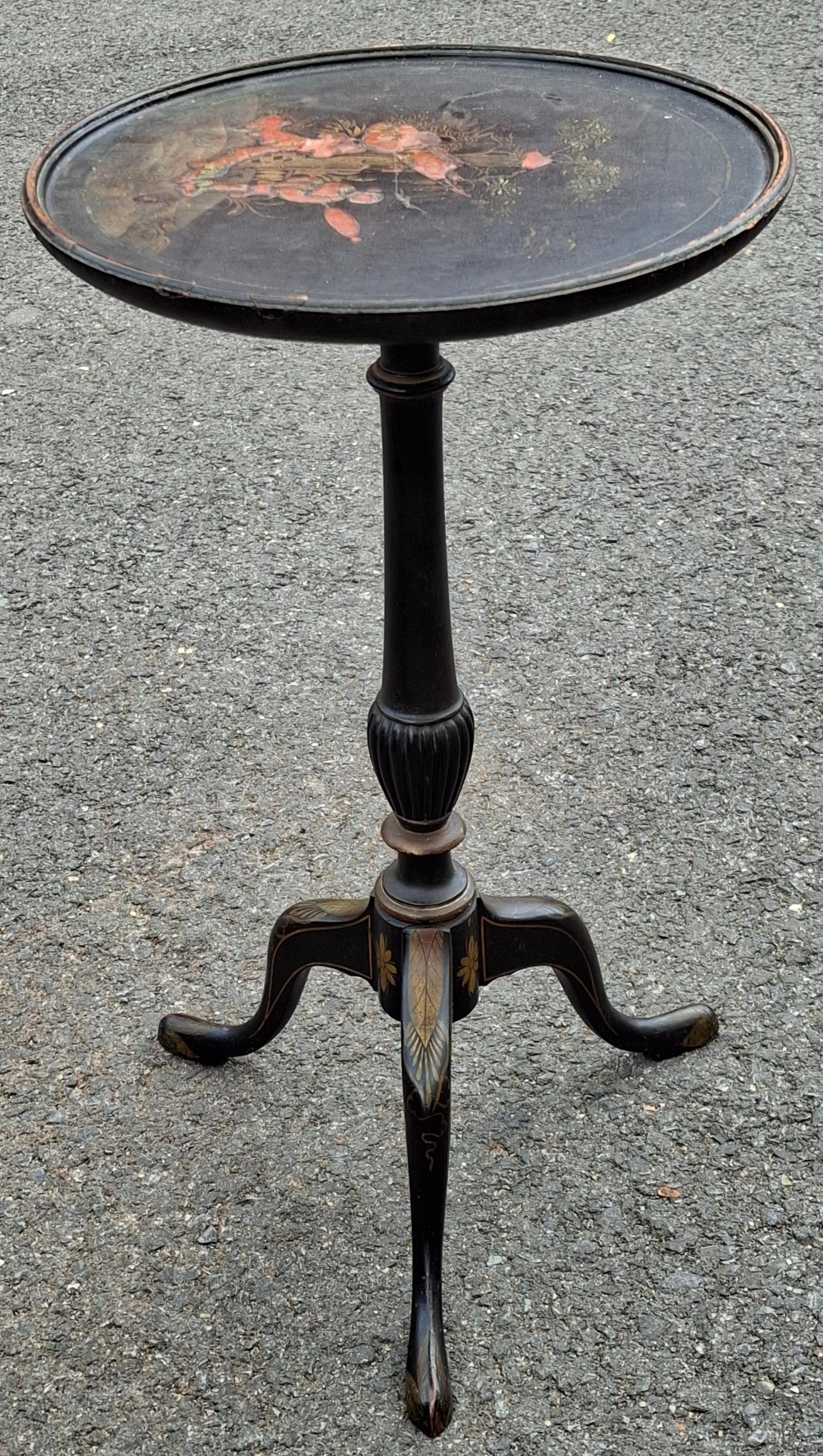 Victorian Ebonized and Chinoiserie Decorated Candle Stand
MEASUREMENTS: 11.5″ wide x 11.5