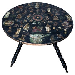 Antique Victorian Ebonized and Decoupaged Gypsy Table on Bobbin Turned Legs, circa 1880