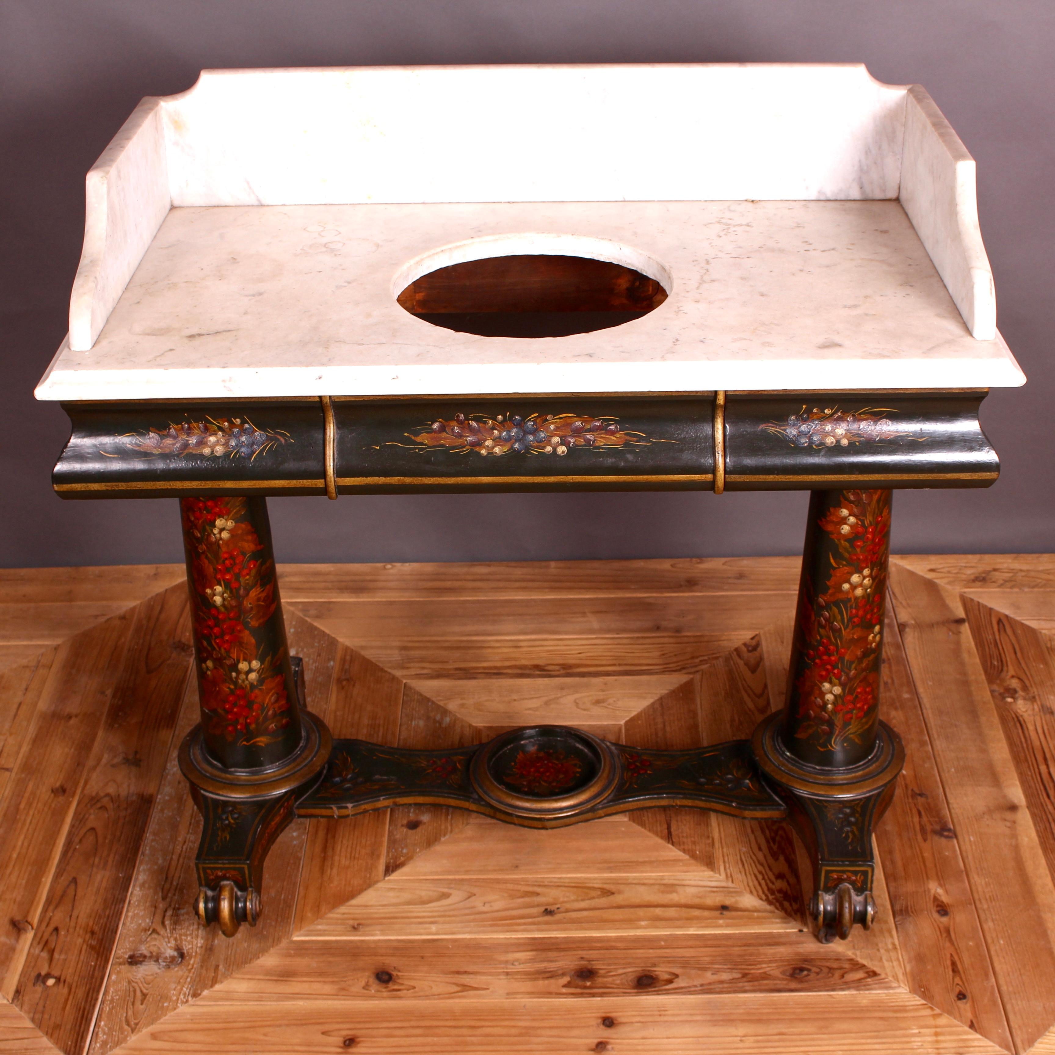 English Victorian Ebonized and Painted Marble-Topped Washstand