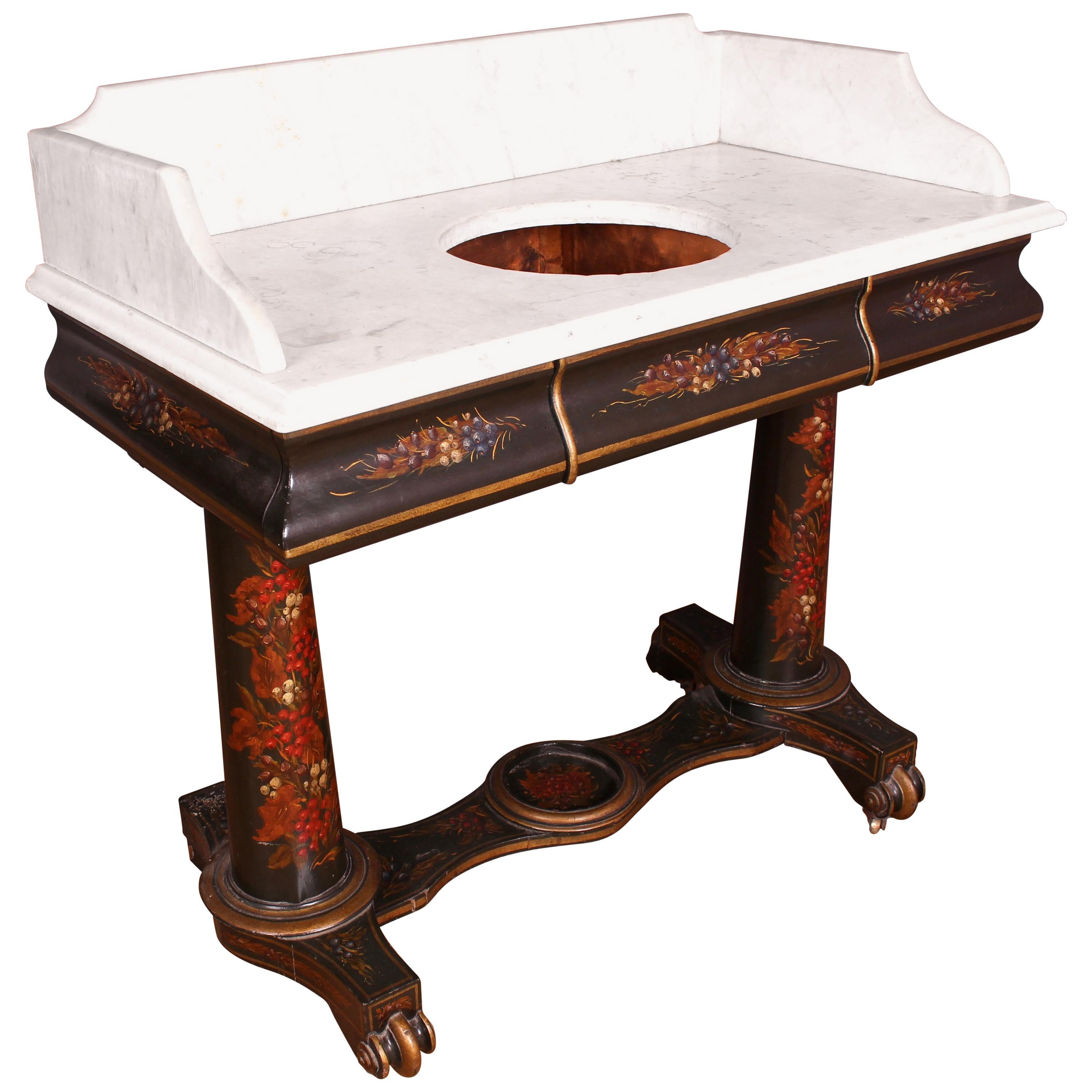 Victorian Ebonized and Painted Marble-Topped Washstand