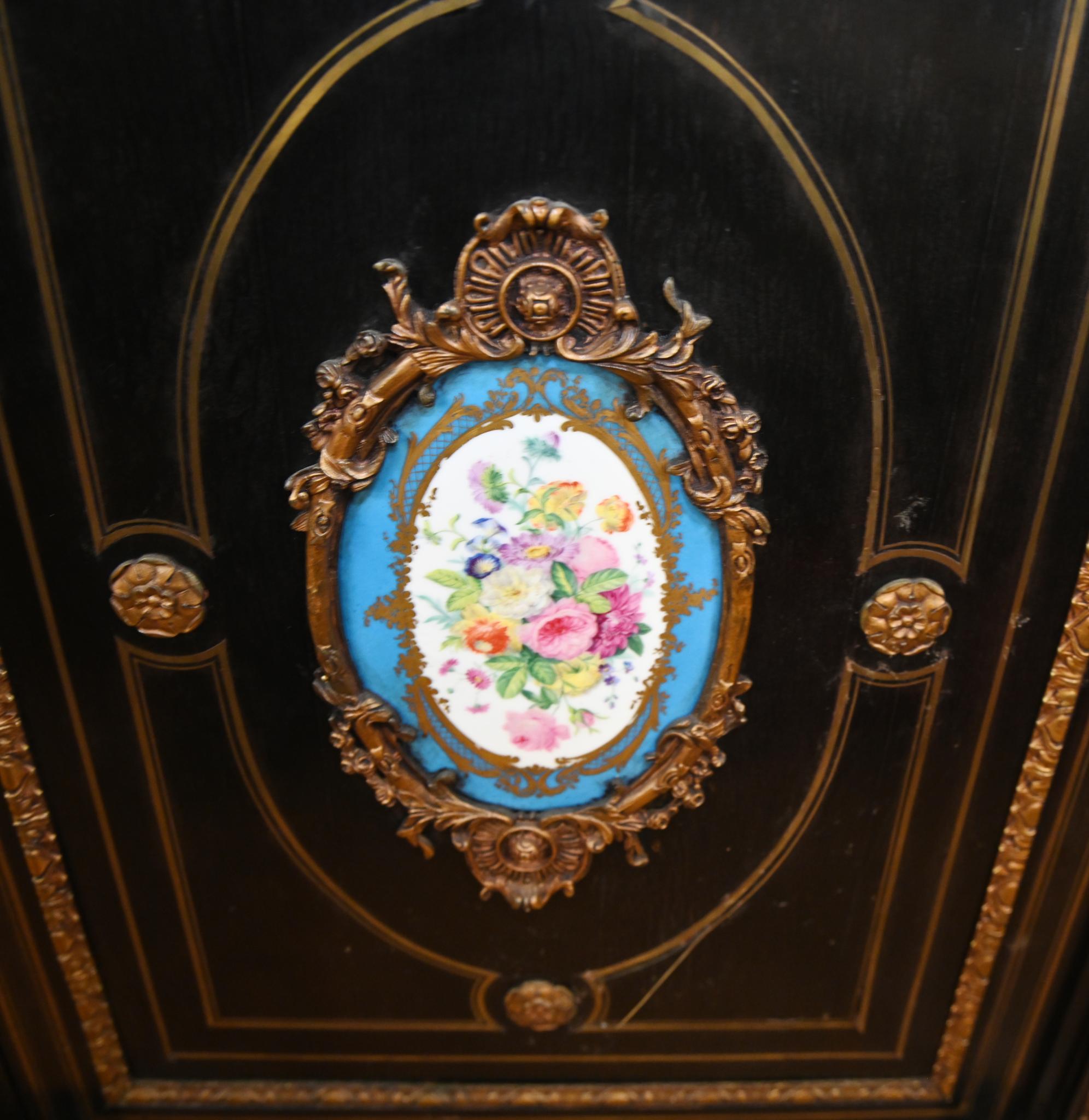 Victorian Ebonized Credenza Side Cabinet Sevres Plaques 1880 In Good Condition For Sale In Potters Bar, GB