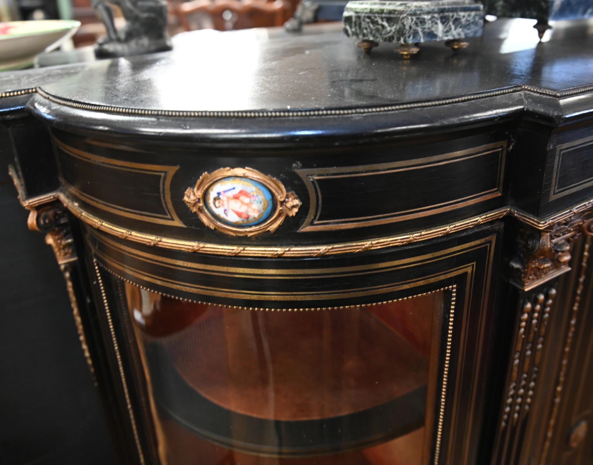 Late 19th Century Victorian Ebonized Credenza Side Cabinet Sevres Plaques 1880 For Sale