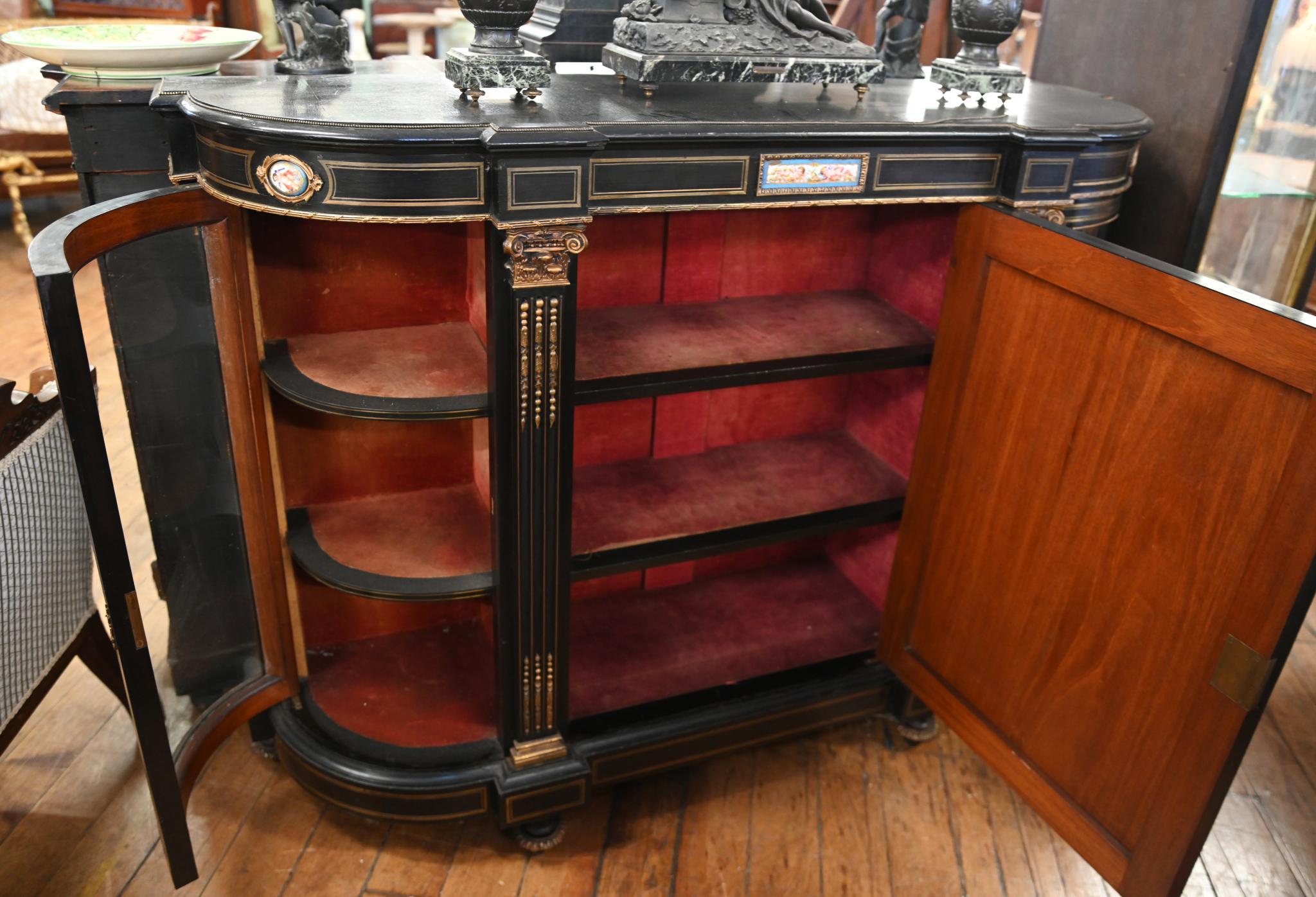 Wood Victorian Ebonized Credenza Side Cabinet Sevres Plaques 1880 For Sale