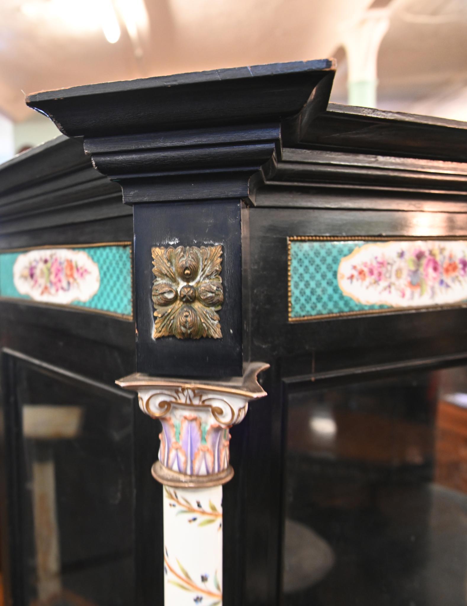 Victorian Ebonized Display Cabinet Painted Porcelain 1840 In Good Condition For Sale In Potters Bar, GB
