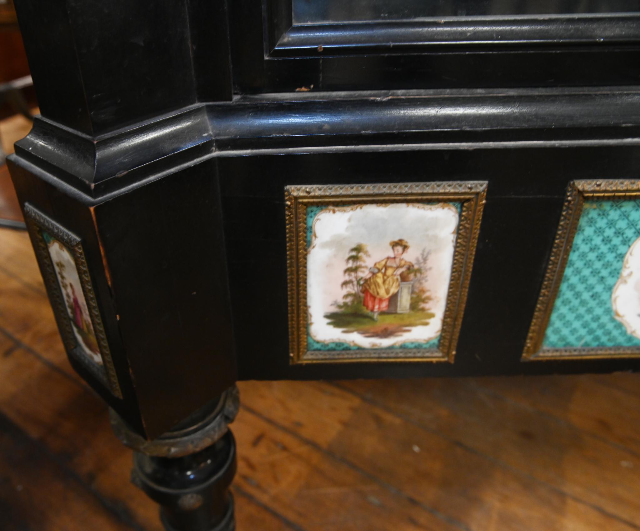 Mid-19th Century Victorian Ebonized Display Cabinet Painted Porcelain 1840 For Sale