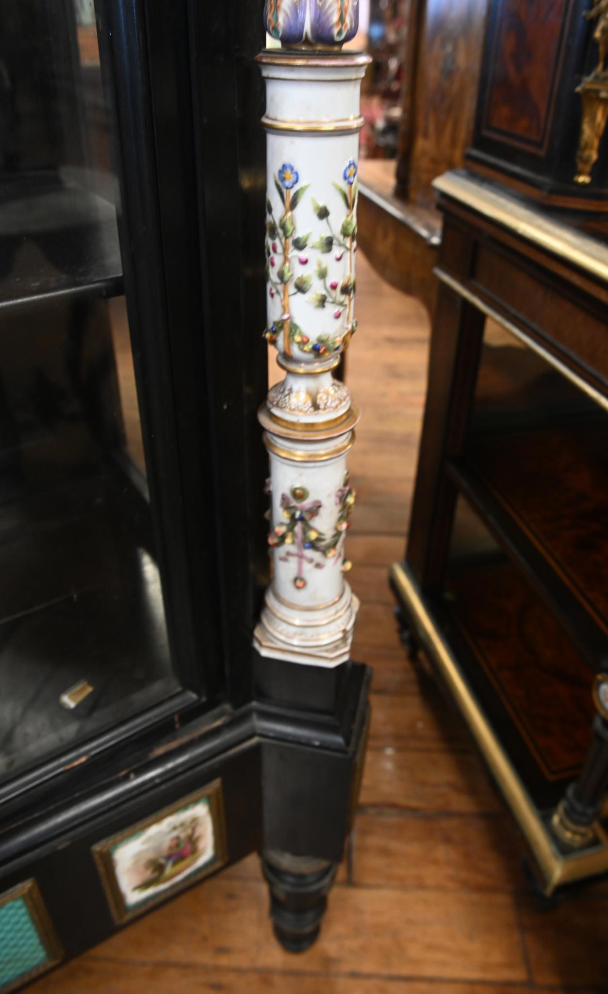 Wood Victorian Ebonized Display Cabinet Painted Porcelain 1840 For Sale