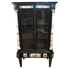 Victorian Ebonized Display Cabinet Painted Porcelain 1840