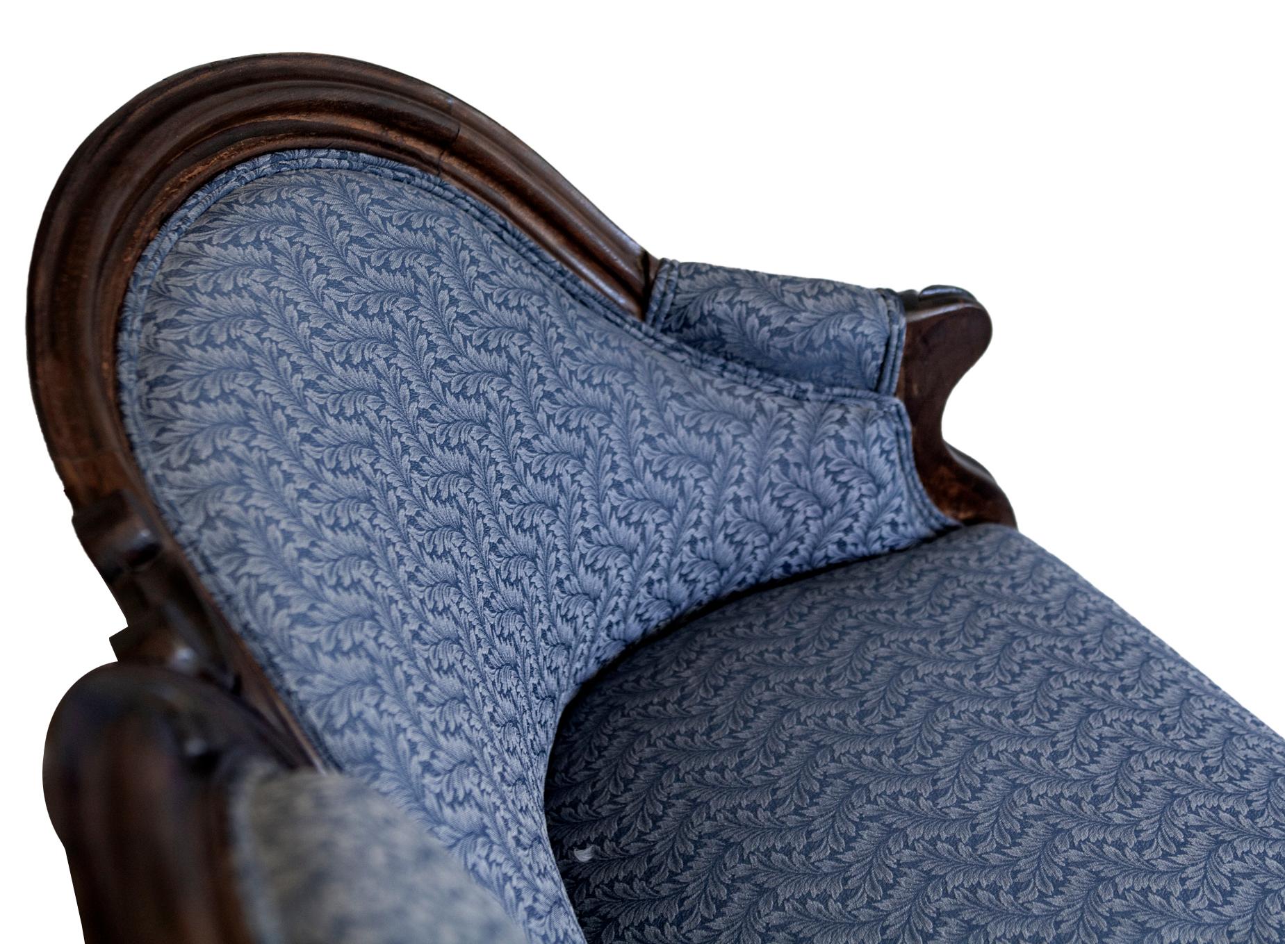 Victorian Ebonized Walnut Sofa in Dark Blue Paisley For Sale 3