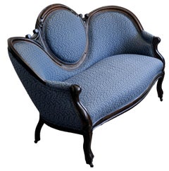 Victorian Ebonized Walnut Sofa in Dark Blue Paisley