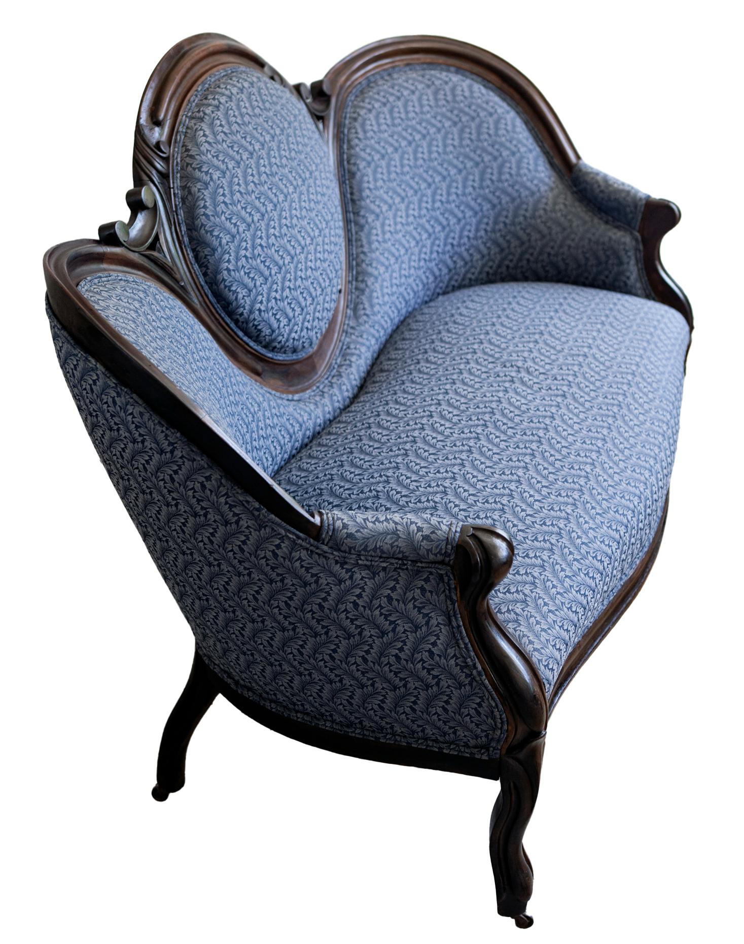 High Victorian Victorian Ebonized Walnut Sofa in Dark Blue Paisley For Sale
