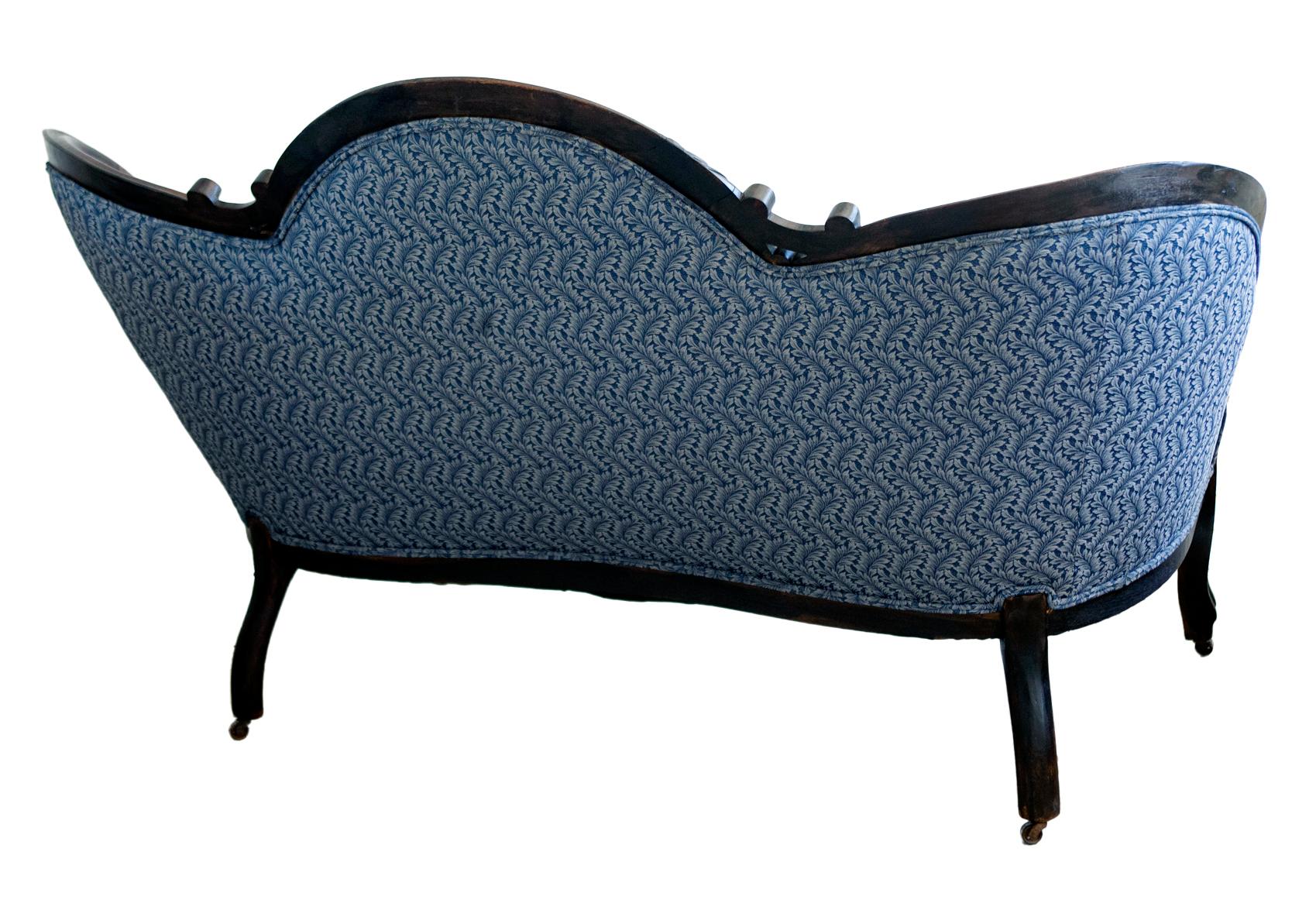American Victorian Ebonized Walnut Sofa in Dark Blue Paisley For Sale