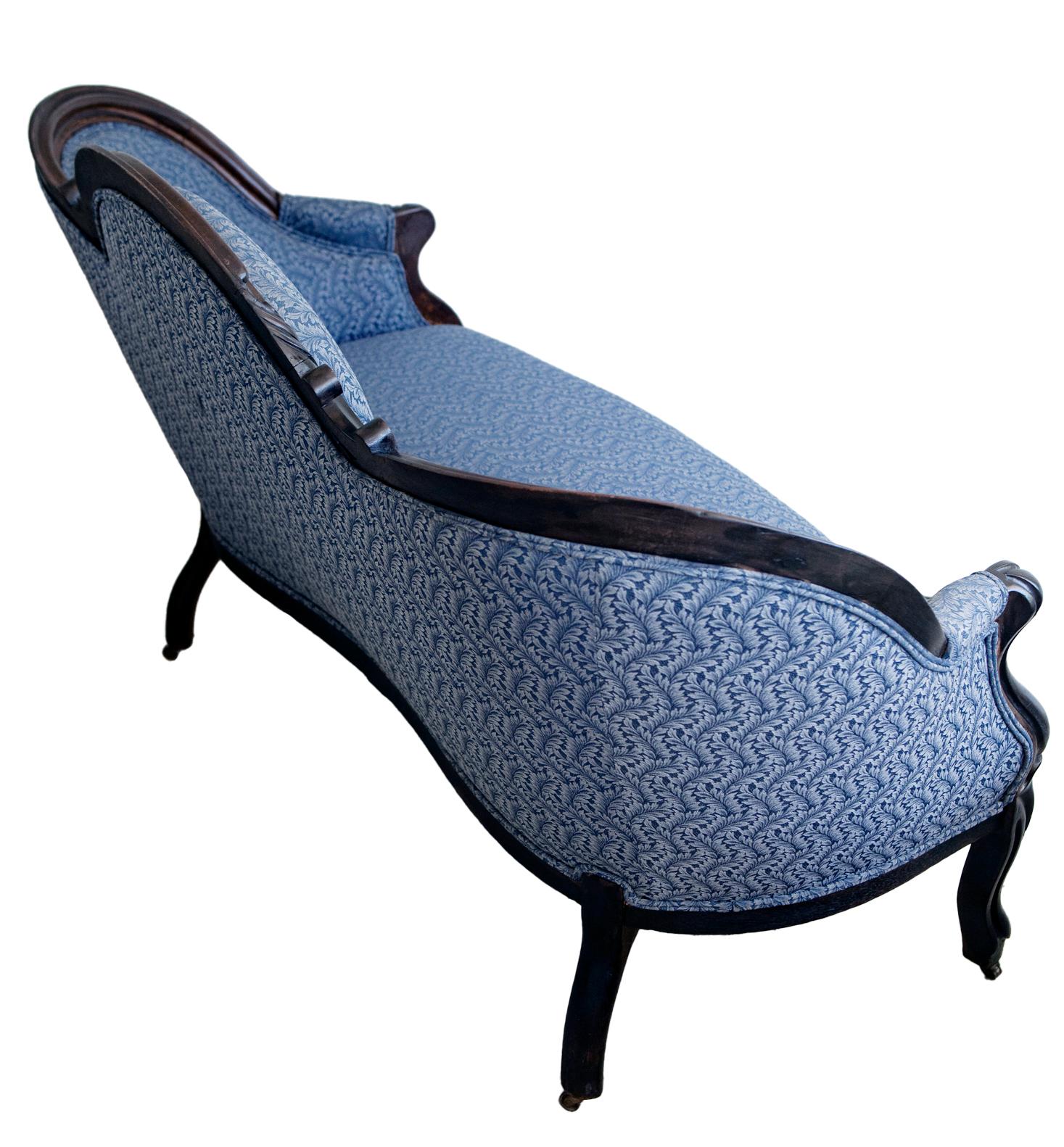 Hand-Carved Victorian Ebonized Walnut Sofa in Dark Blue Paisley For Sale