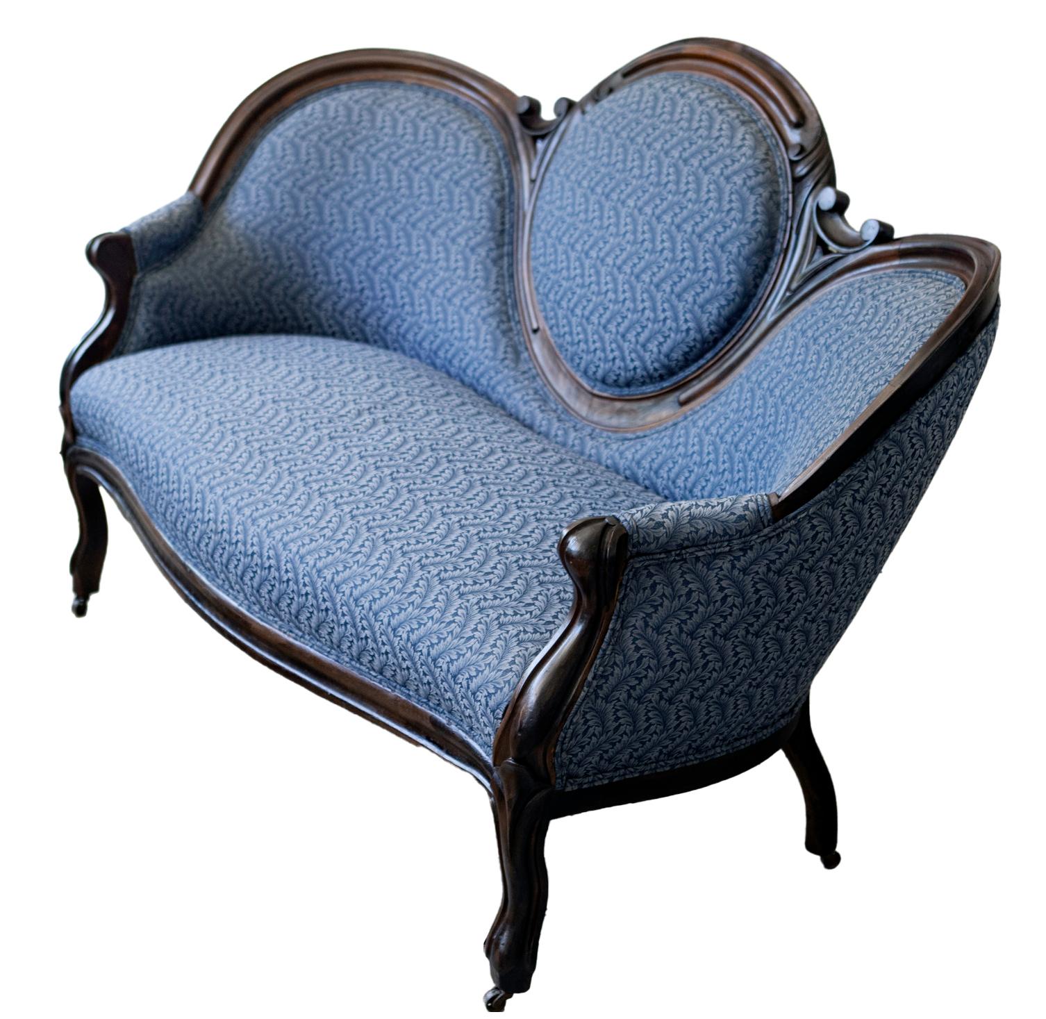 Victorian Ebonized Walnut Sofa in Dark Blue Paisley In Good Condition For Sale In Malibu, CA