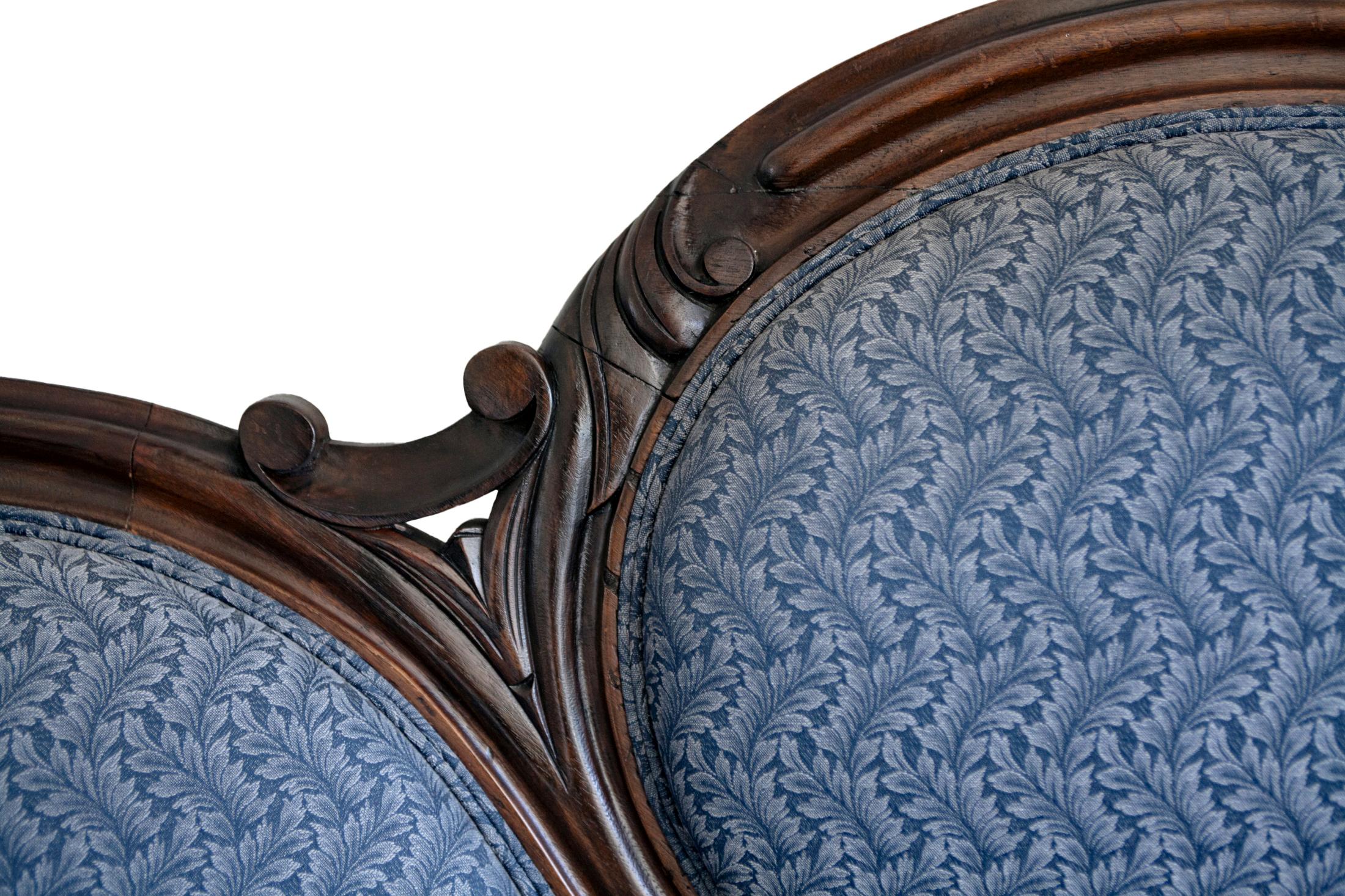 19th Century Victorian Ebonized Walnut Sofa in Dark Blue Paisley For Sale