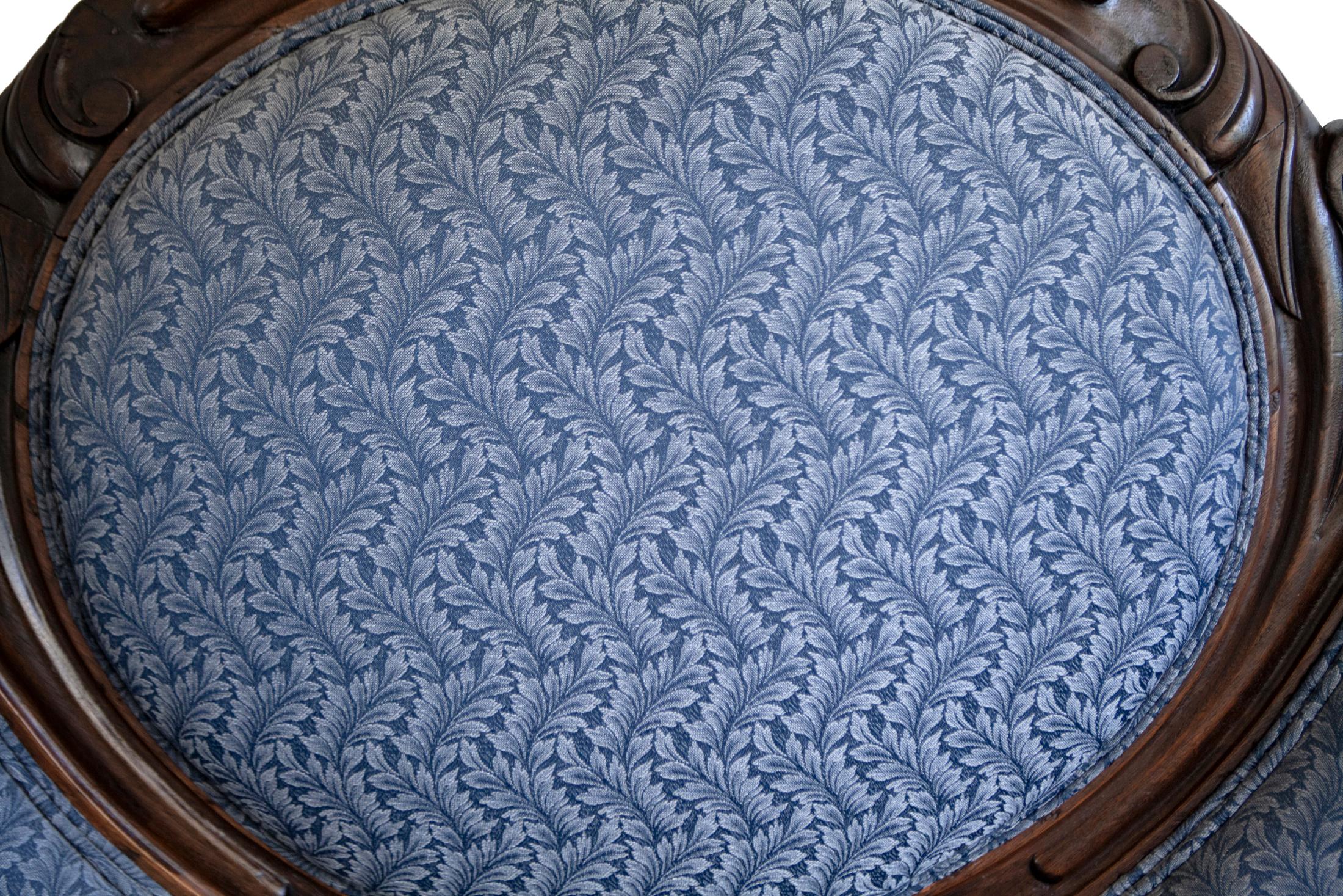 Textile Victorian Ebonized Walnut Sofa in Dark Blue Paisley For Sale