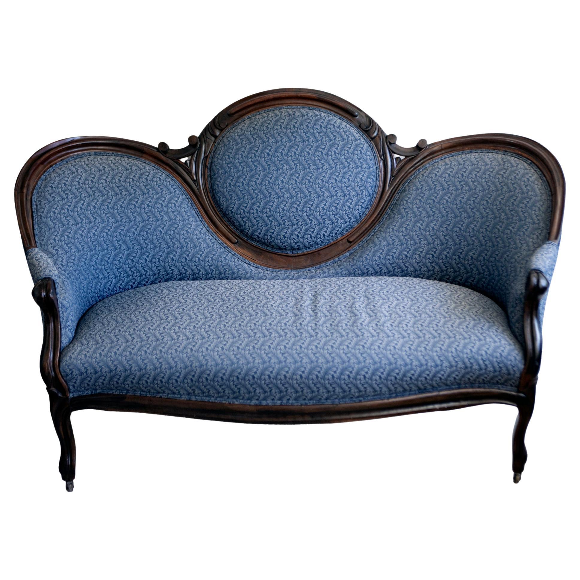 Victorian Ebonized Walnut Sofa in Dark Blue Paisley For Sale