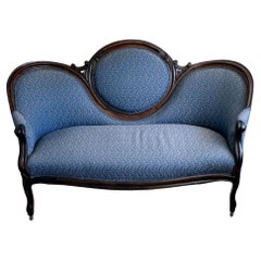 Antique Victorian Ebonized Walnut Sofa in Dark Blue Paisley