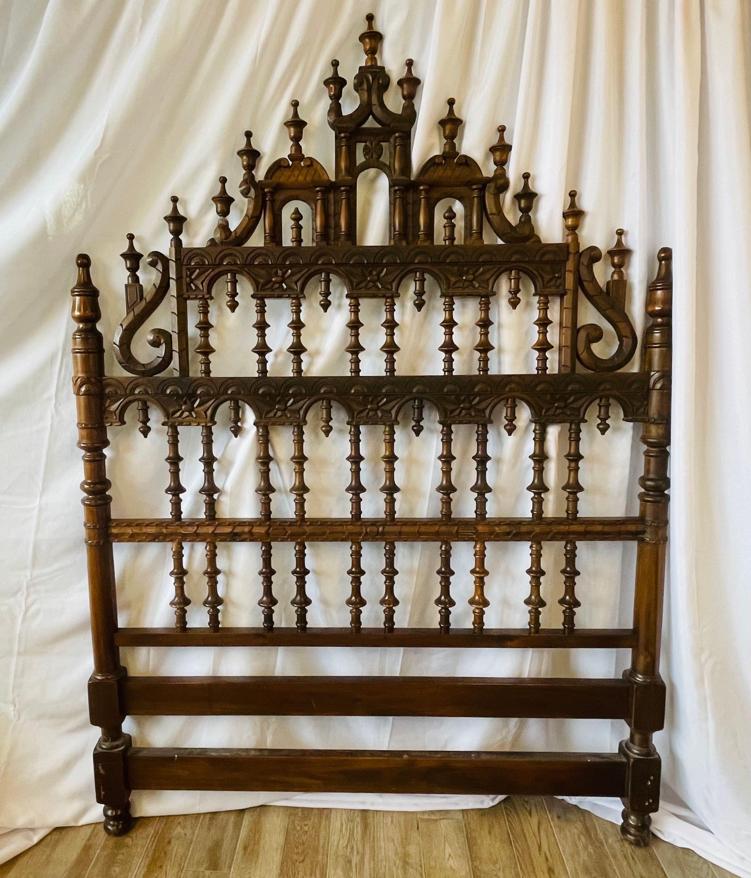 Victorian Eccentric Wooden Headboard, Jacobian Style, Walnut In Good Condition In Stamford, CT
