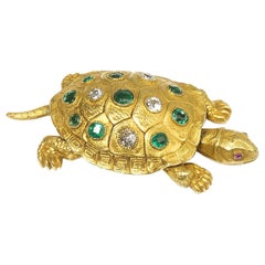 Victorian Edmond Plisson Emerald Diamond Gold Turtle Brooch