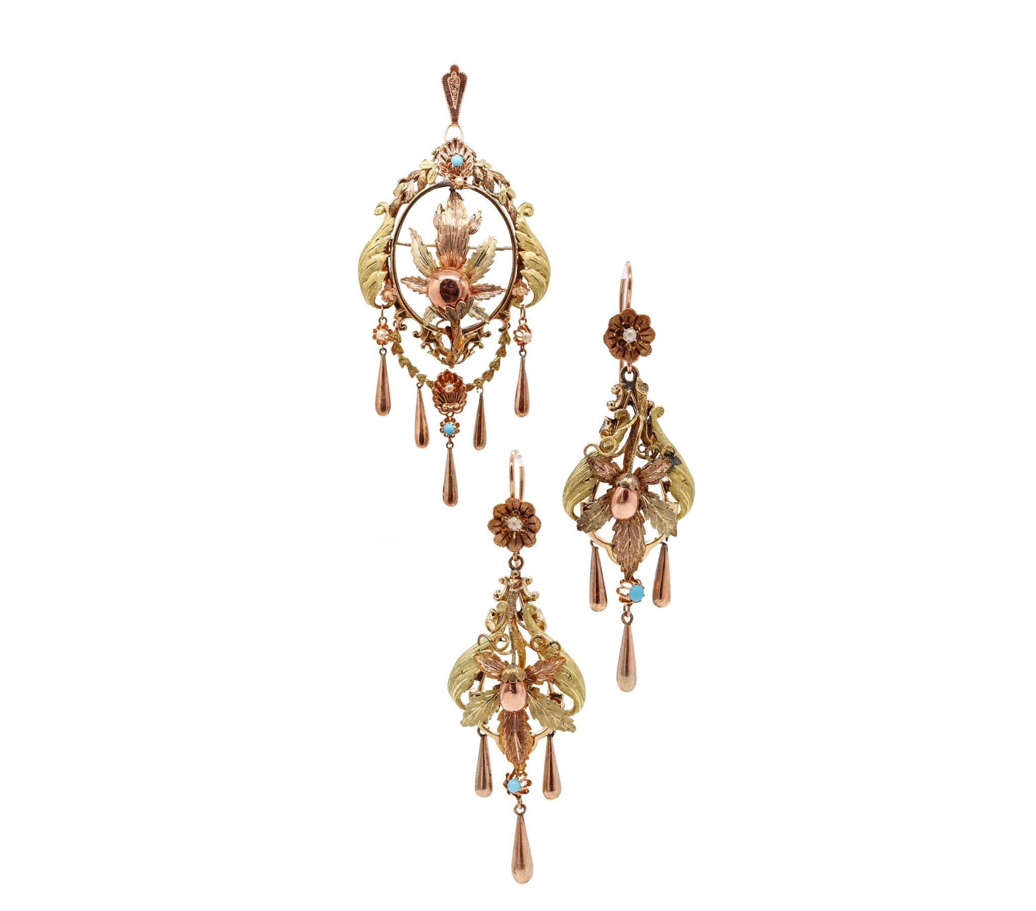 Antique Victorian-Edwardian Suite of a Locket-pendant and drop earrings. 

Gorgeous suite, made in the United Kingdom during the late Victorian and the early Edwardian periods, circa 1900. Carefully crafted in 18 karats, with three tones of gold,