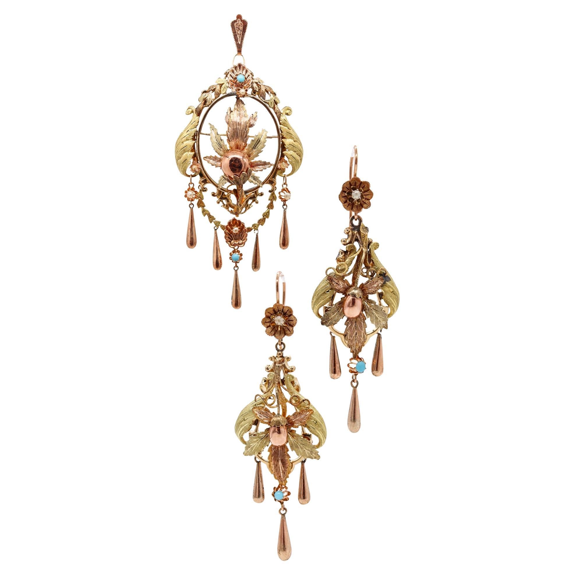 Ensemble de boucles d'oreilles pendantes médaillon britannique victorien édouardien 1900 en or 18 carats tricolore 