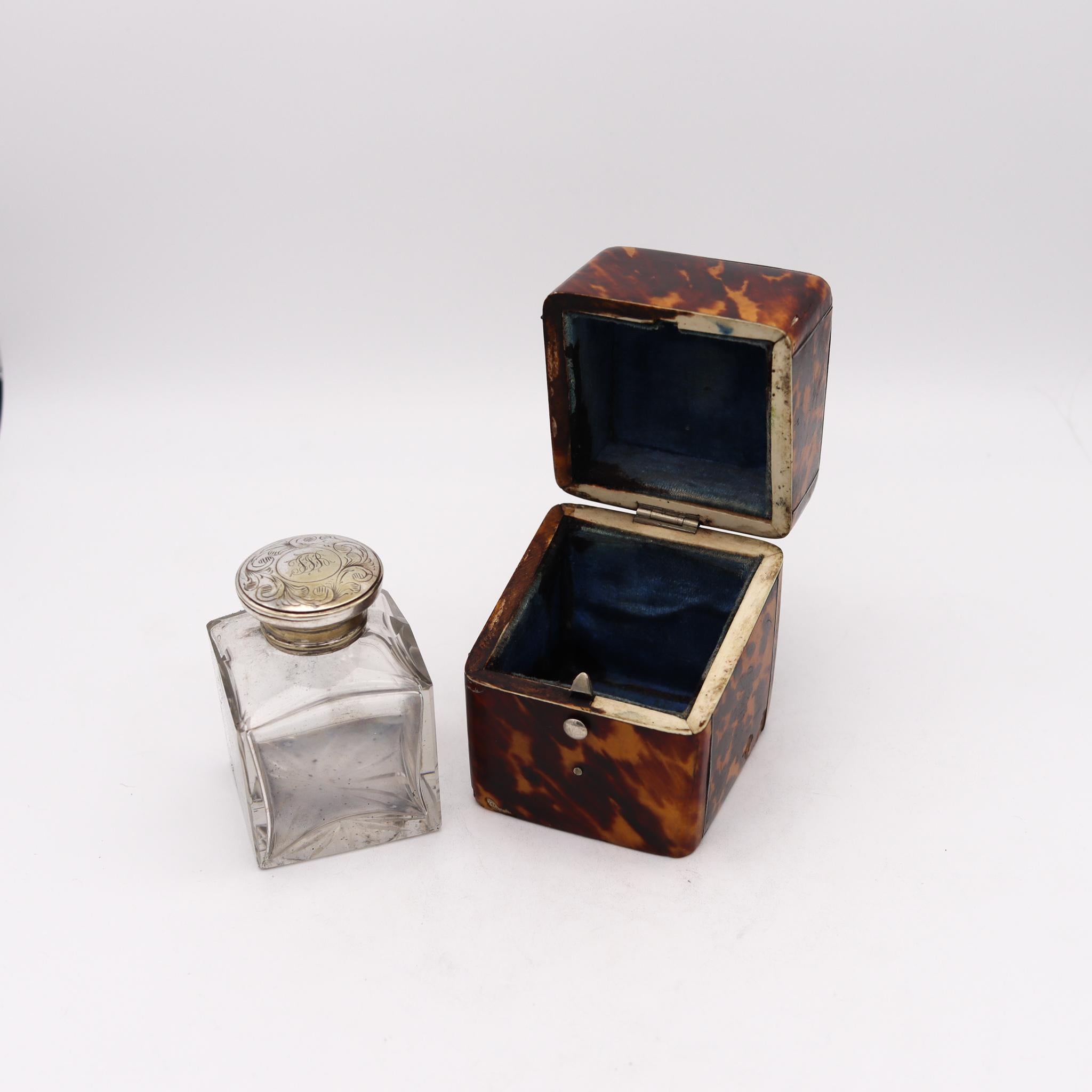 Late 19th Century Victorian Edwardian 1900 Desk Inkwell Box in Faux Tortoise Shell and Sterling For Sale