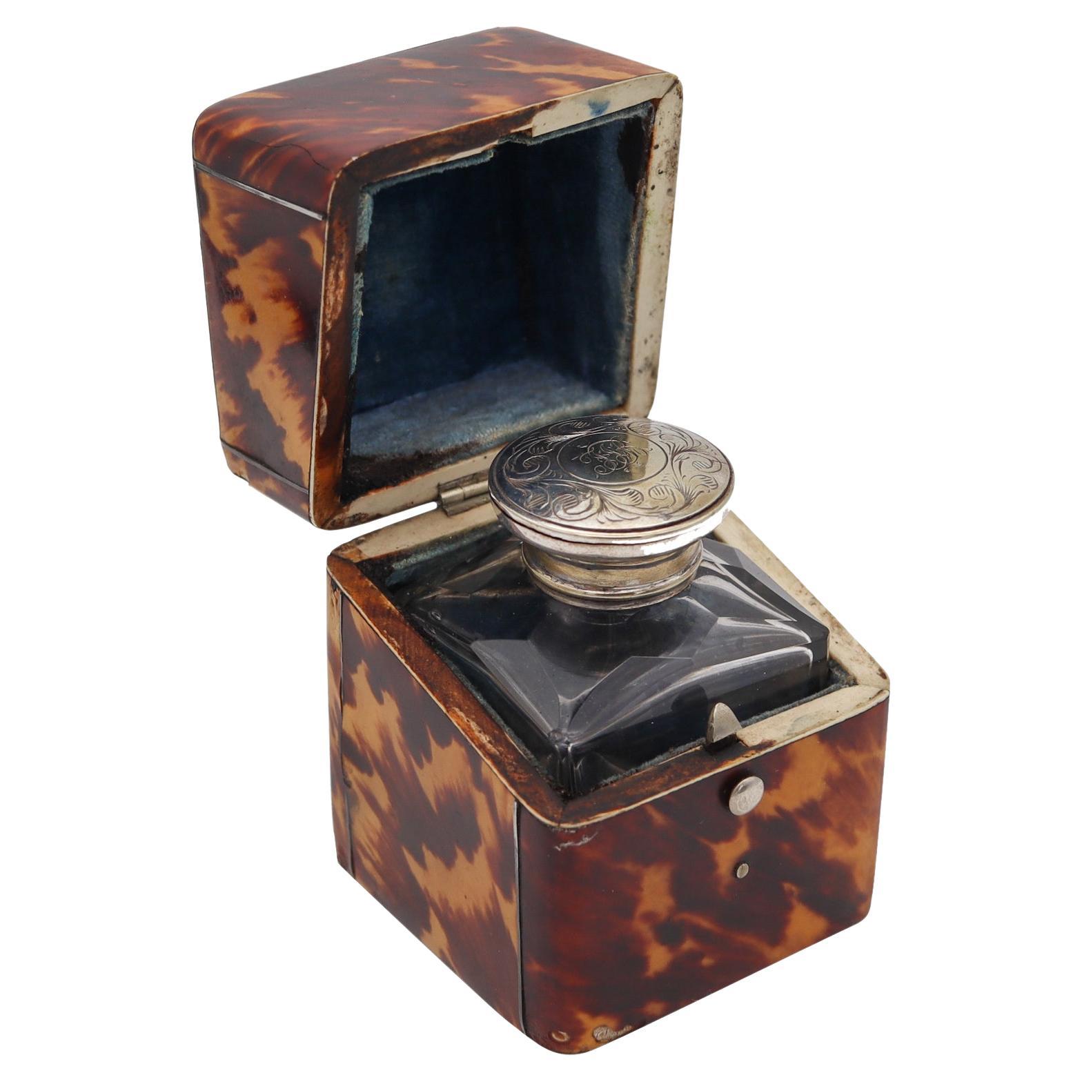 Victorian Edwardian 1900 Desk Inkwell Box in Faux Tortoise Shell and Sterling For Sale
