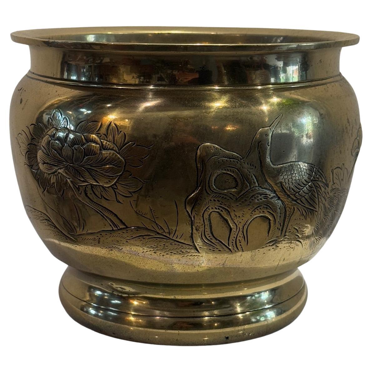 Victorian–Edwardian Brass Jardiniere with Japanese-Influenced Etched Motifs