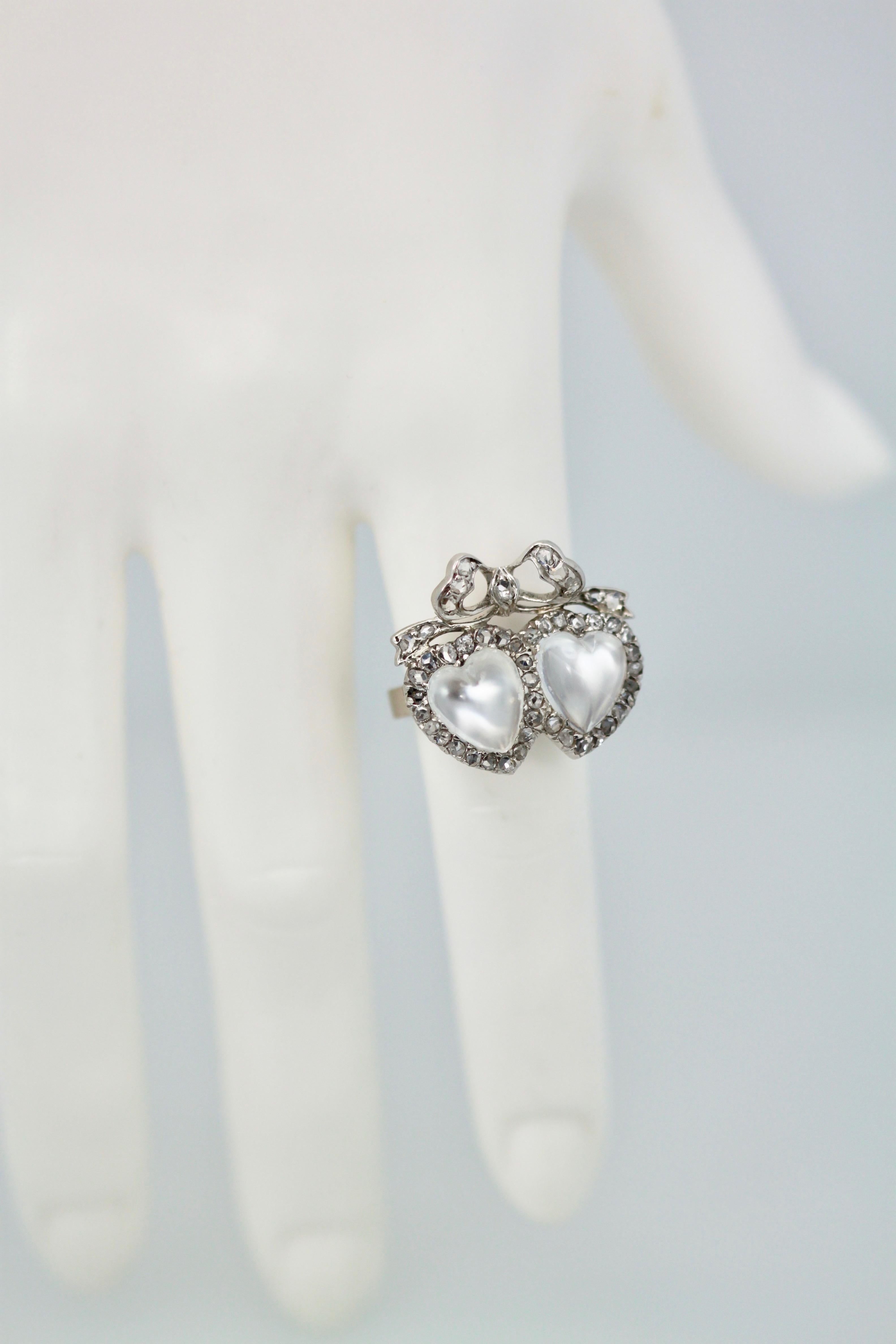 Round Cut Victorian Edwardian Double Heart Moonstone Sweetheart Ring