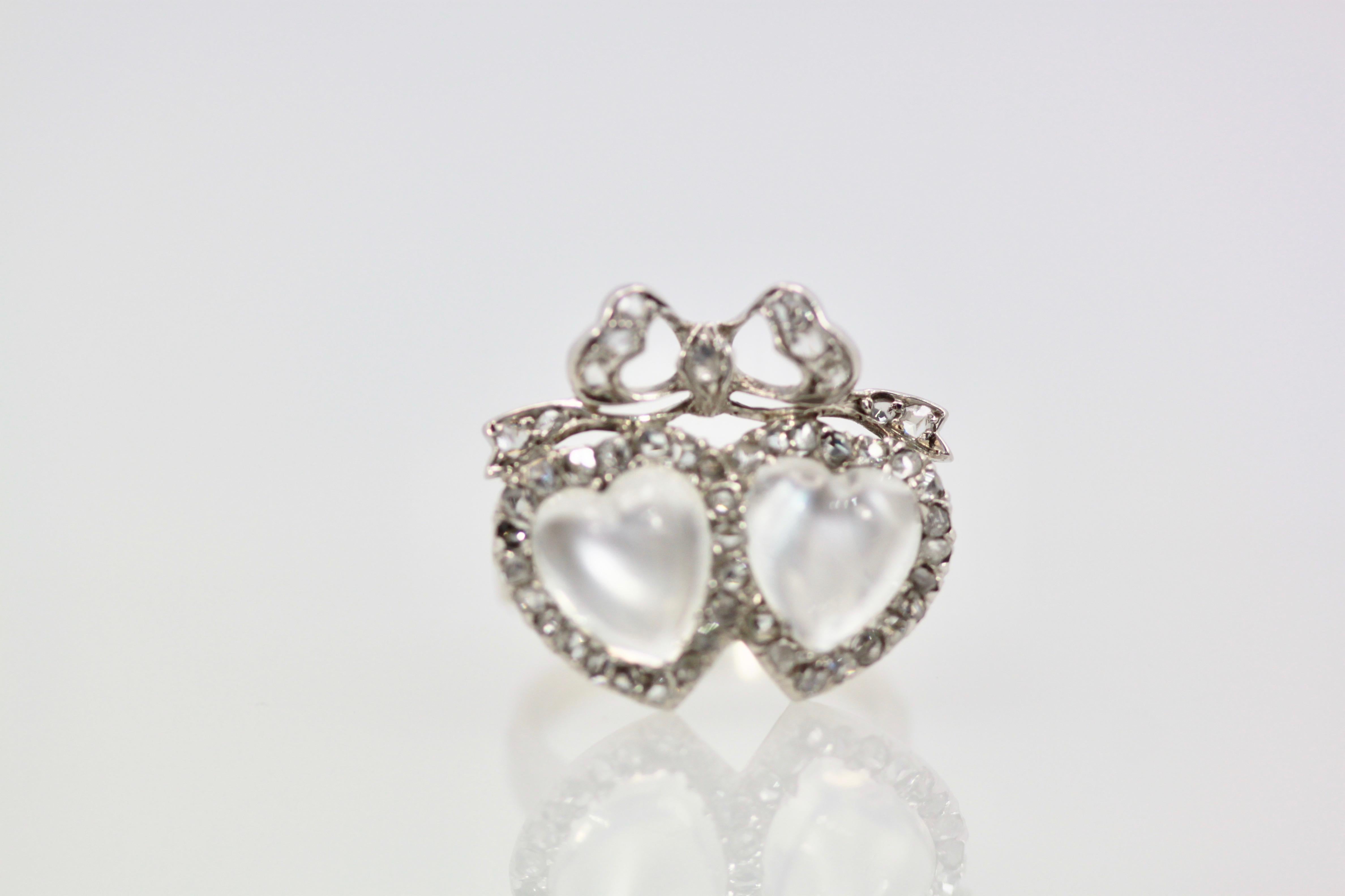 Women's or Men's Victorian Edwardian Double Heart Moonstone Sweetheart Ring