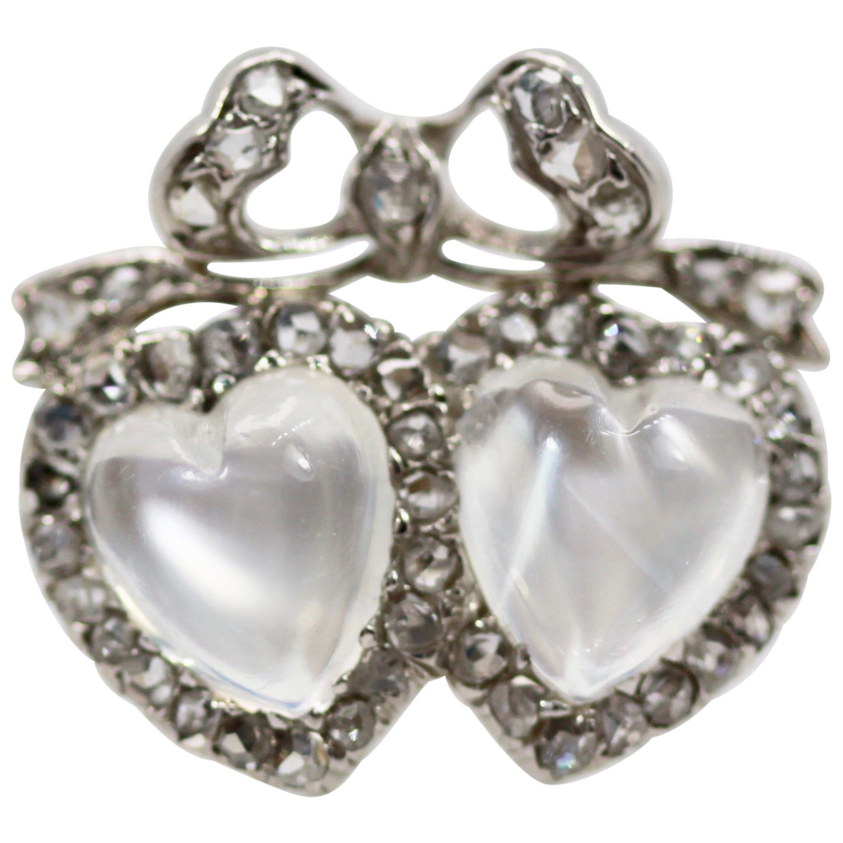 Victorian Edwardian Double Heart Moonstone Sweetheart Ring