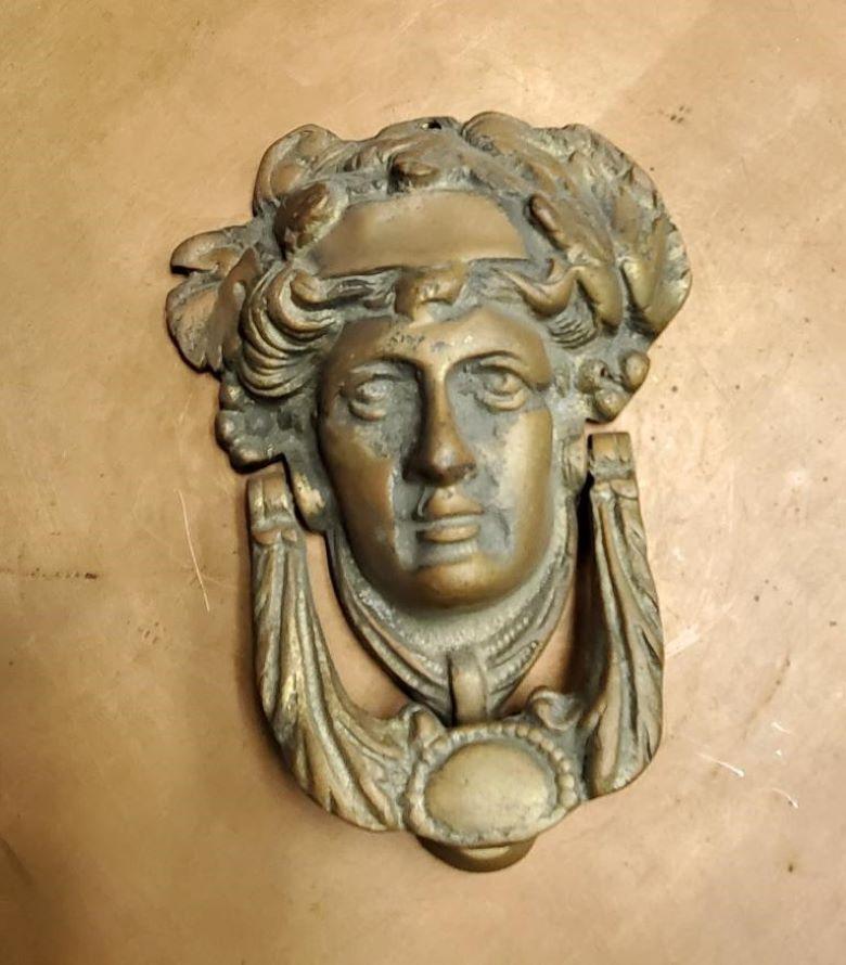 Victorian Edwardian Solid Bronze Door Knocker Ornate Neoclassical Lady's Face For Sale 5