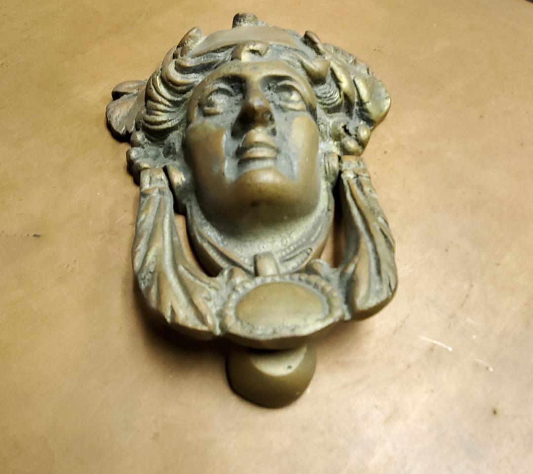 Victorian Edwardian Solid Bronze Door Knocker Ornate Neoclassical Lady's Face For Sale 6