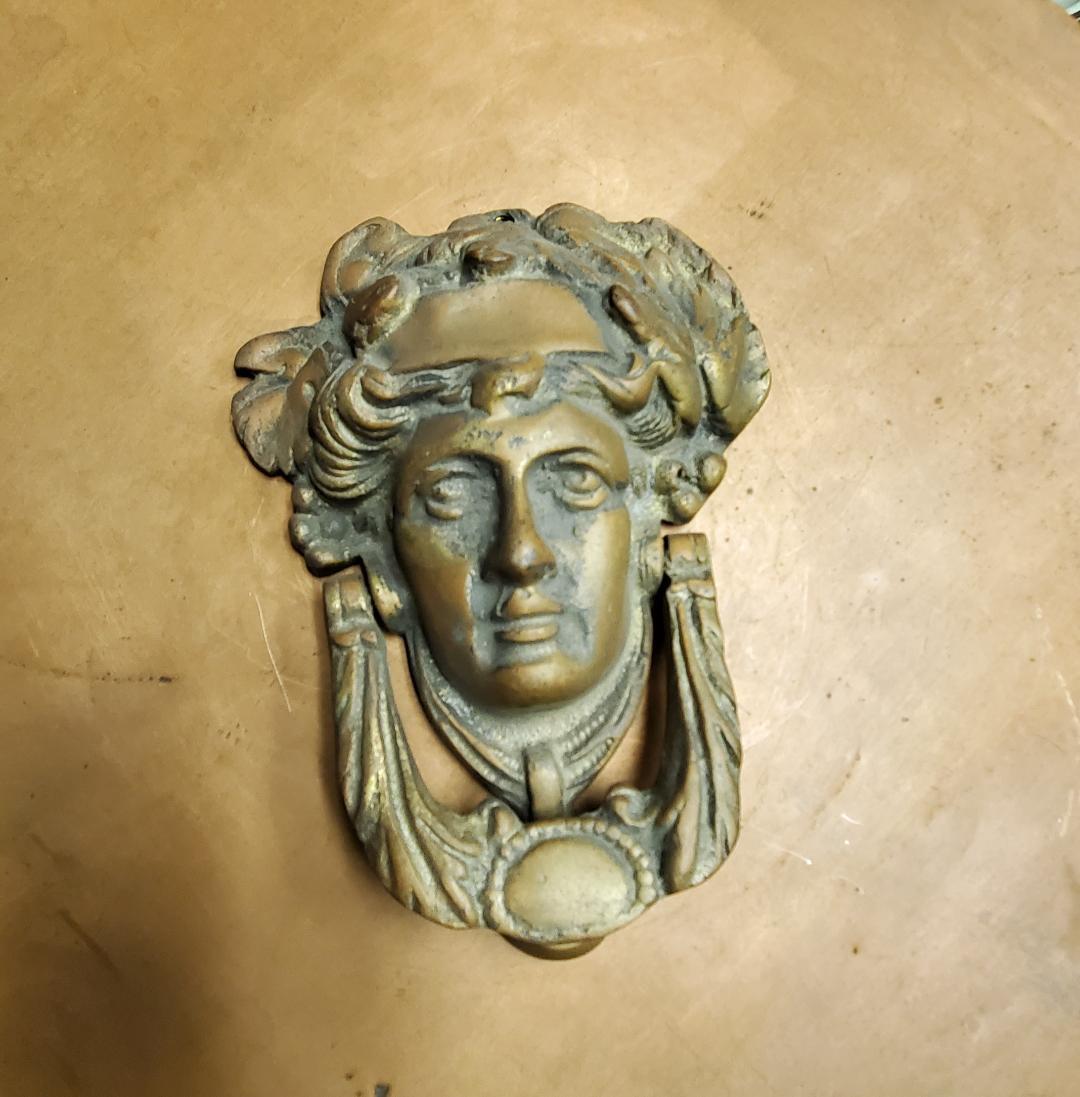 Victorian Edwardian Solid Bronze Door Knocker Ornate Neoclassical Lady's Face For Sale 8