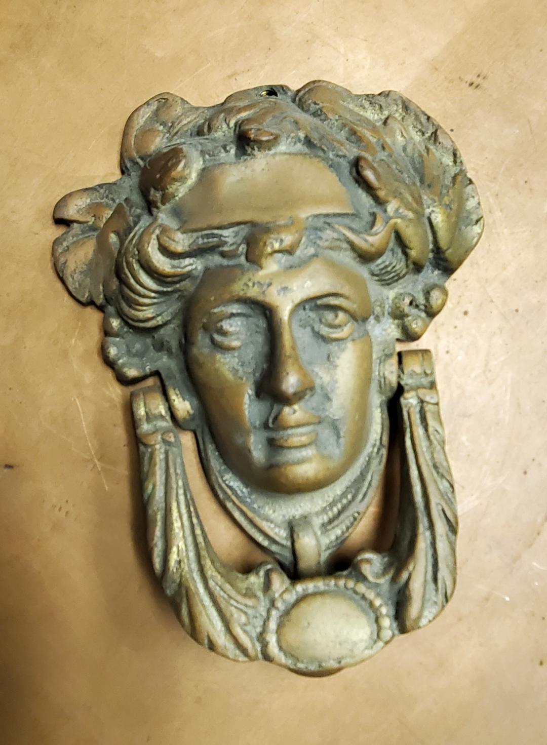 Victorian Edwardian Solid Bronze Door Knocker Ornate Neoclassical Lady's Face For Sale 9