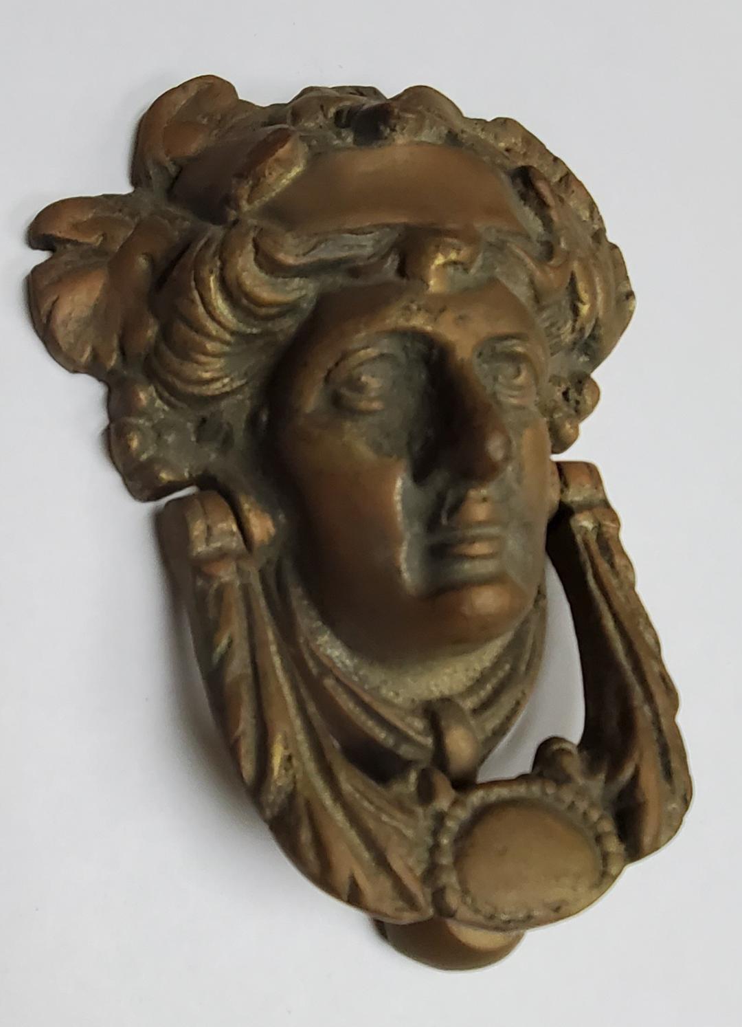 Victorian Edwardian Solid Bronze Door Knocker Ornate Neoclassical Lady's Face For Sale 12