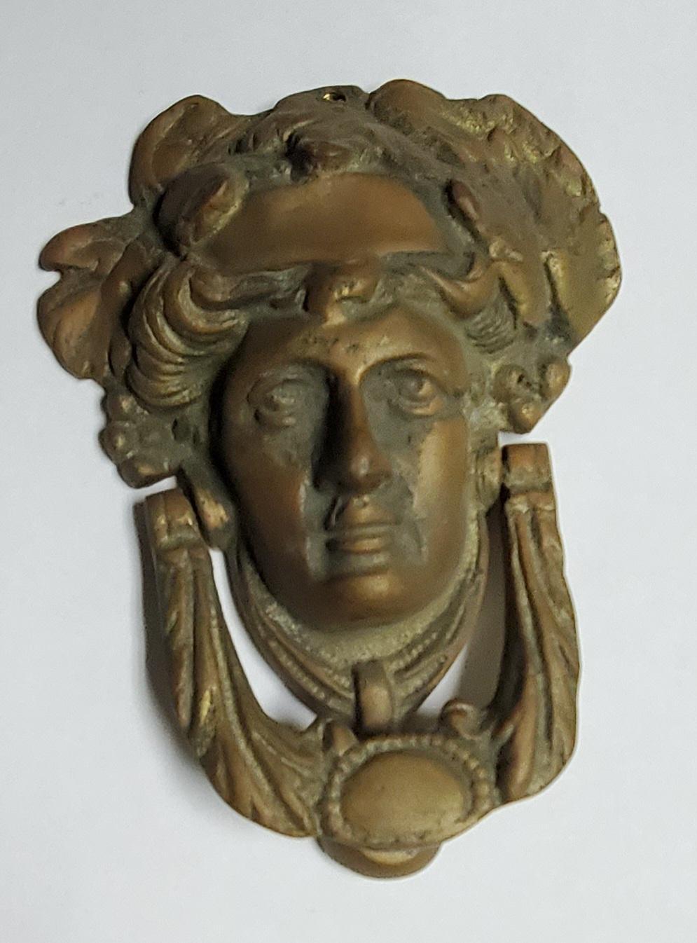 Victorian Edwardian Solid Bronze Door Knocker Ornate Neoclassical Lady's Face For Sale 14