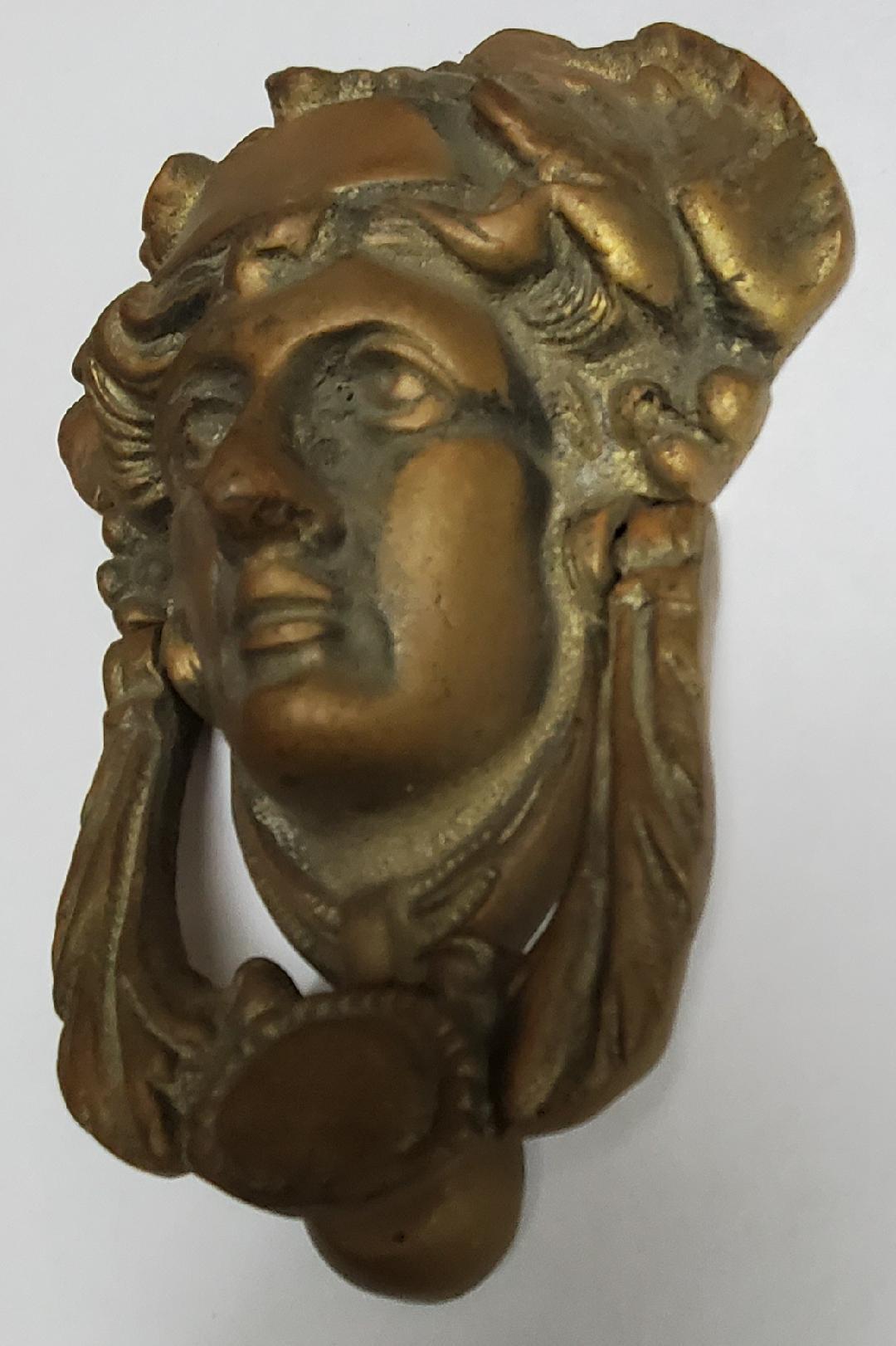 English Victorian Edwardian Solid Bronze Door Knocker Ornate Neoclassical Lady's Face For Sale