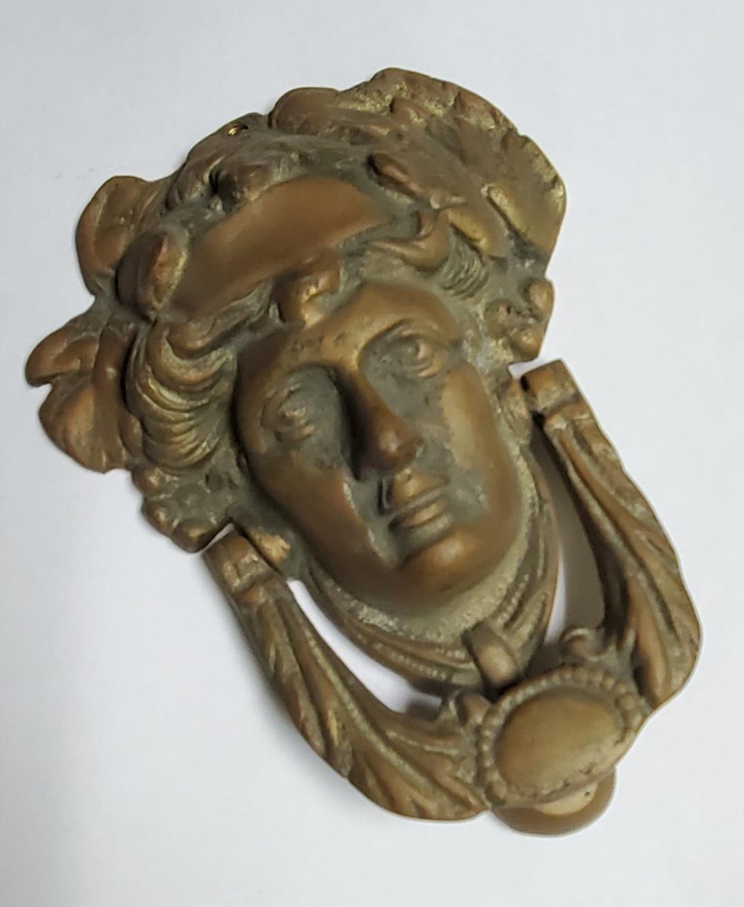19th Century Victorian Edwardian Solid Bronze Door Knocker Ornate Neoclassical Lady's Face For Sale