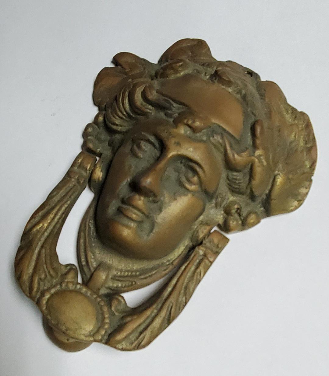 Victorian Edwardian Solid Bronze Door Knocker Ornate Neoclassical Lady's Face For Sale 2