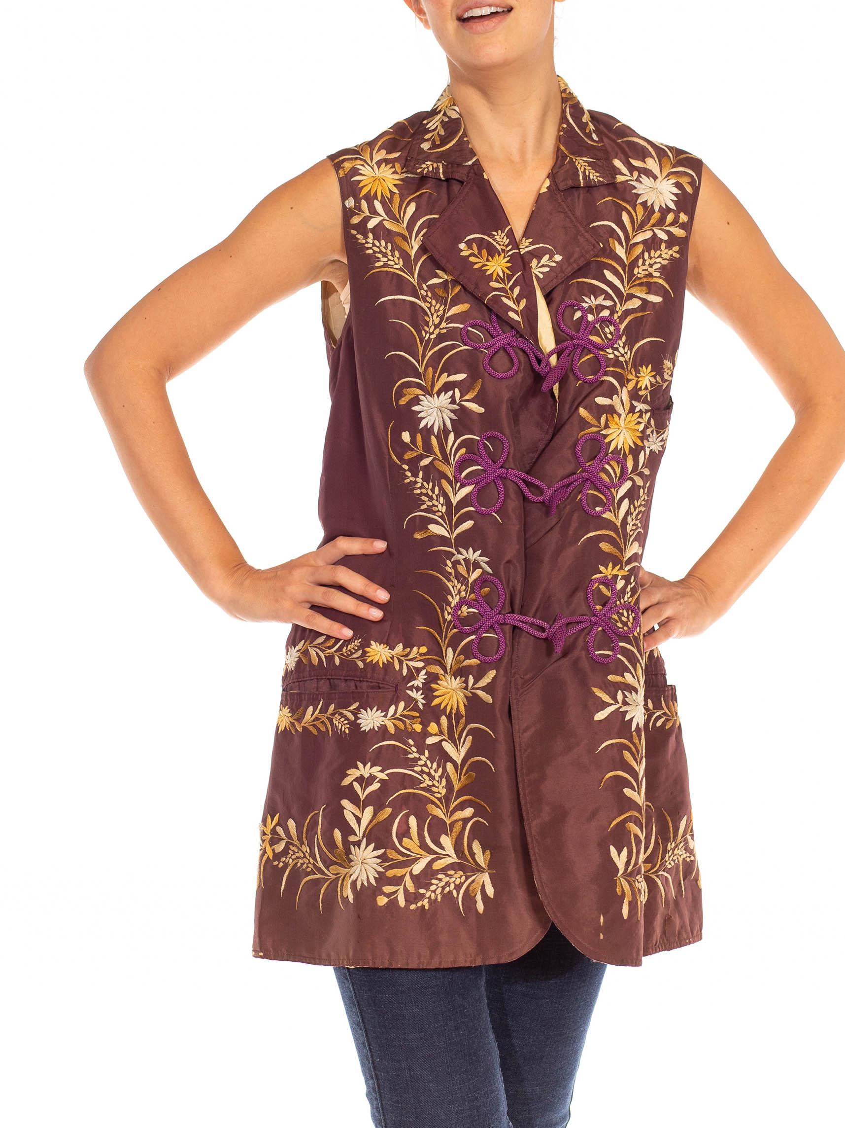 Brown Victorian Egg Plant & Gold Floral Embroidered Silk Quilted Vest For Sale